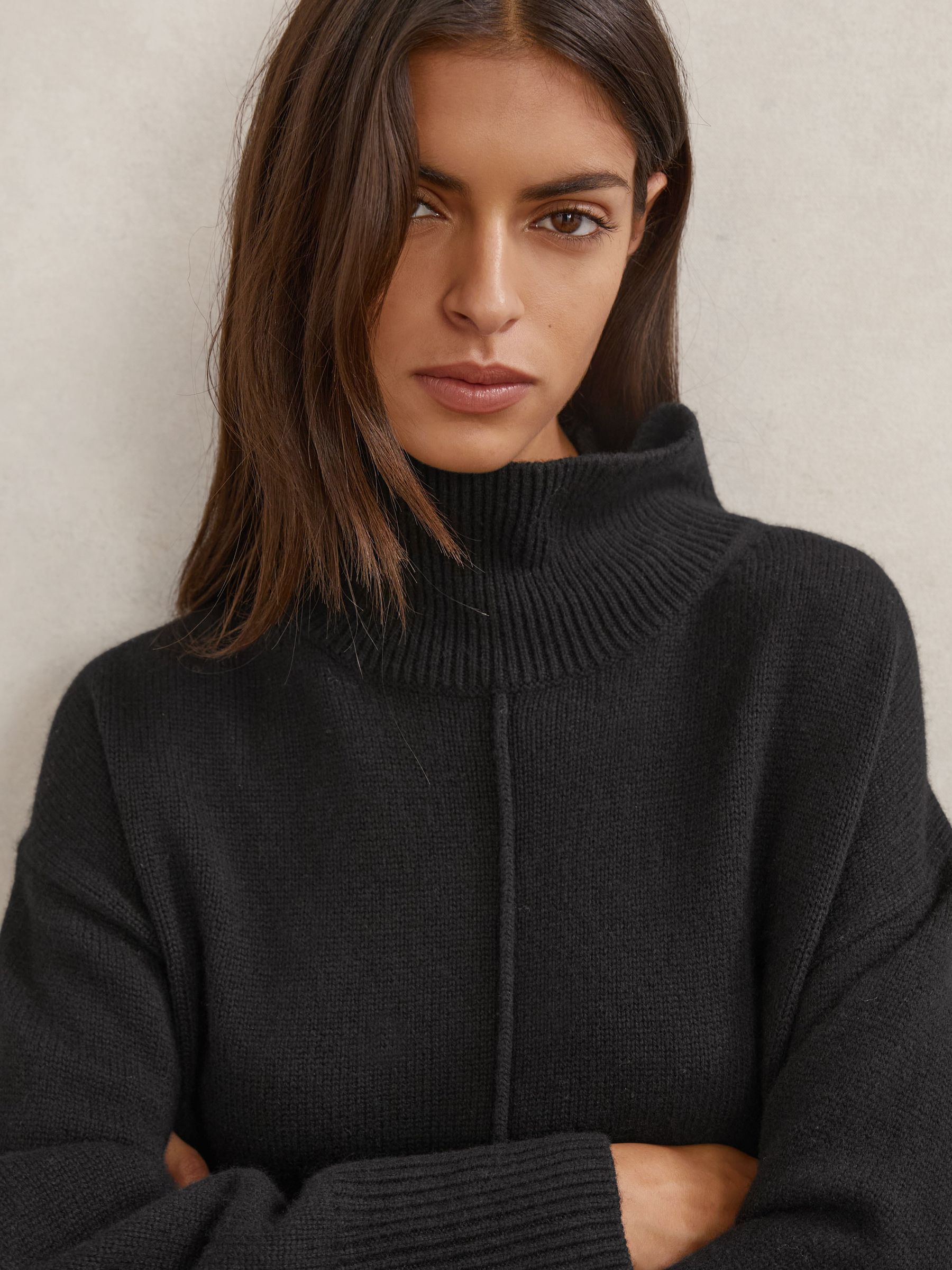 Wool Zip-Detail Funnel-Neck Jumper in Black - Image 4 of 7
