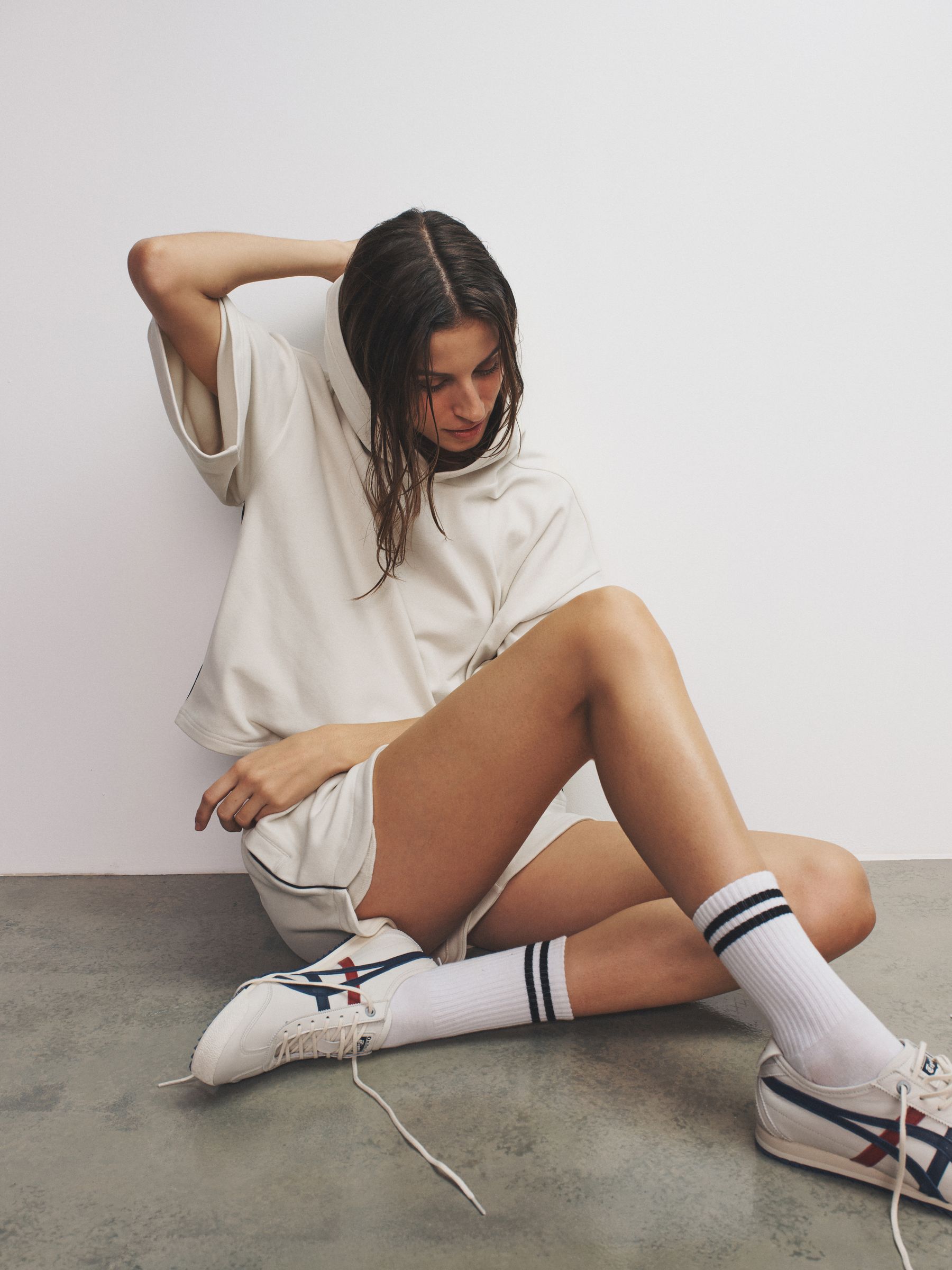 Soft Touch Ribbed Sweat Hoodie And Shorts Set Cream - Image 1 of 6