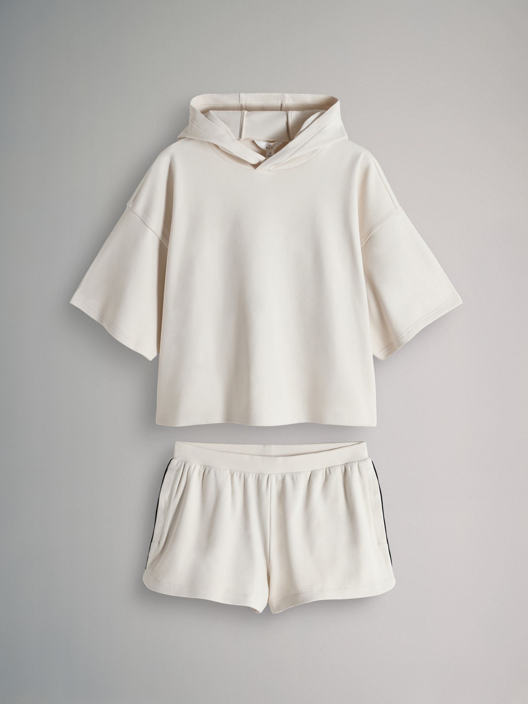 Soft Touch Ribbed Sweat Hoodie And Shorts Set Cream - Image 2 of 6