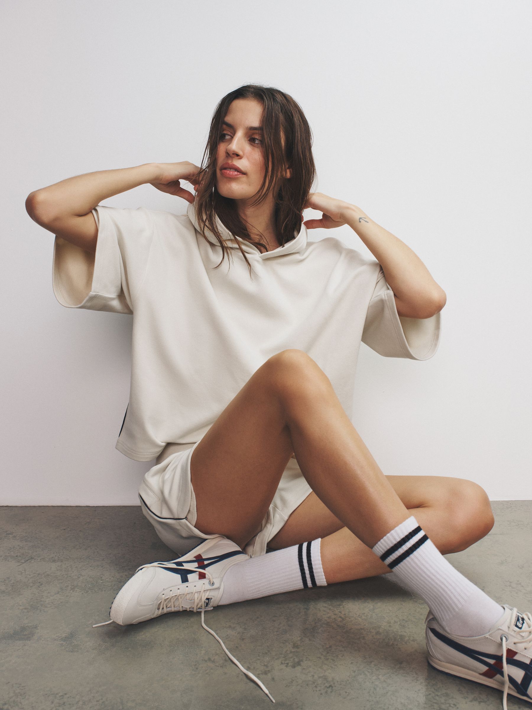 Soft Touch Ribbed Sweat Hoodie And Shorts Set Cream - Image 3 of 6