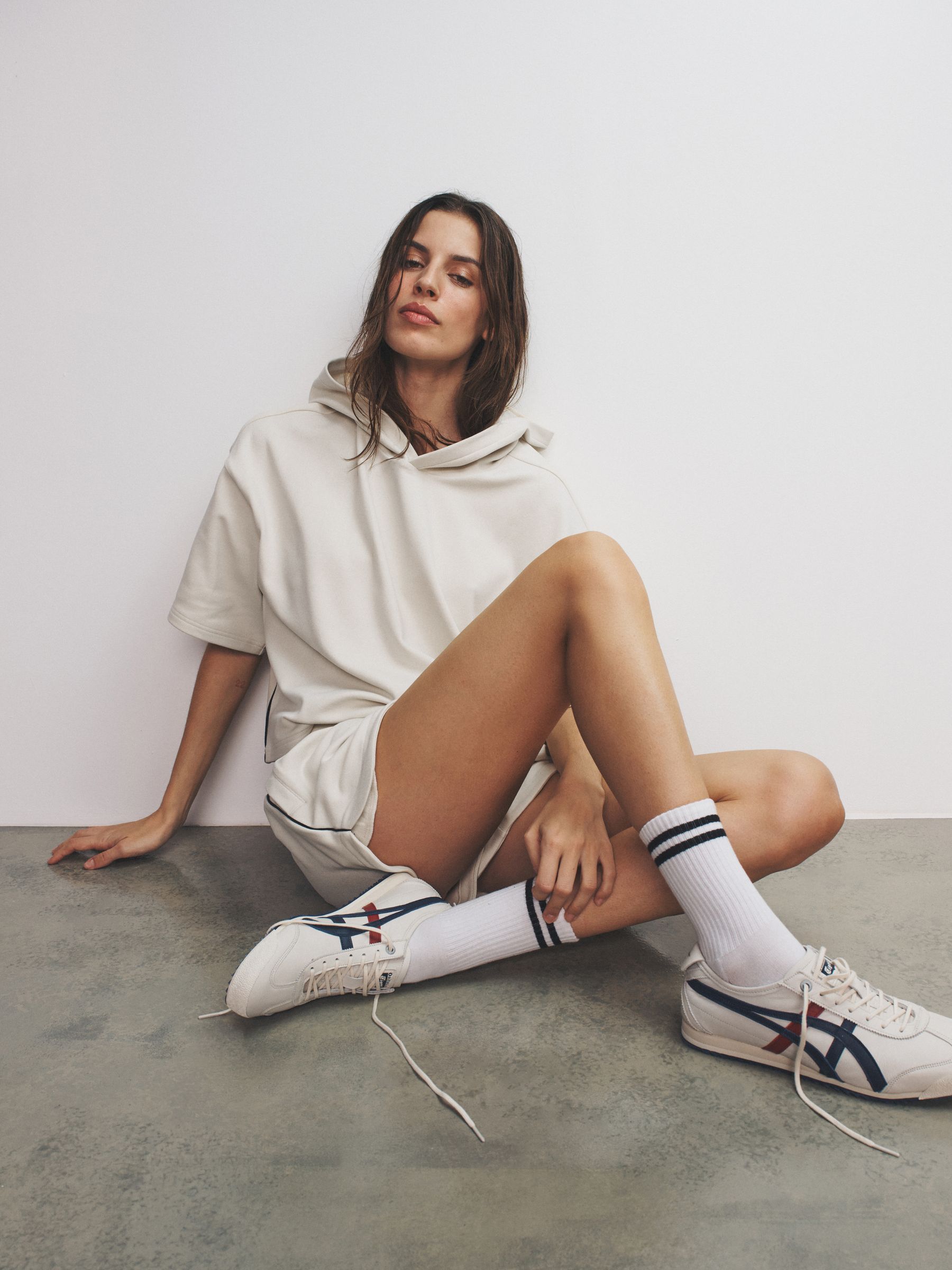 Soft Touch Ribbed Sweat Hoodie And Shorts Set Cream - Image 4 of 6