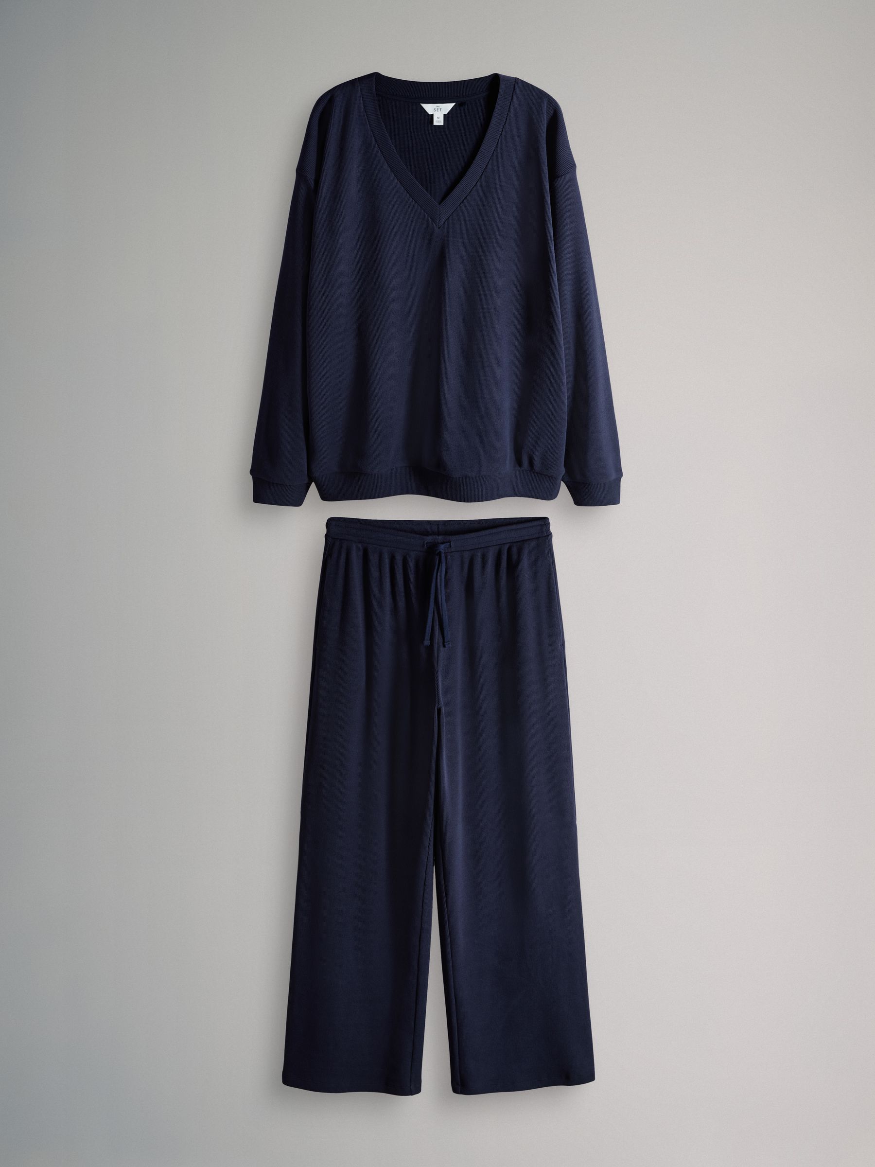 Waffle V-Neck Sweat Top And Wide Leg Jogger Set Navy - Image 1 of 5