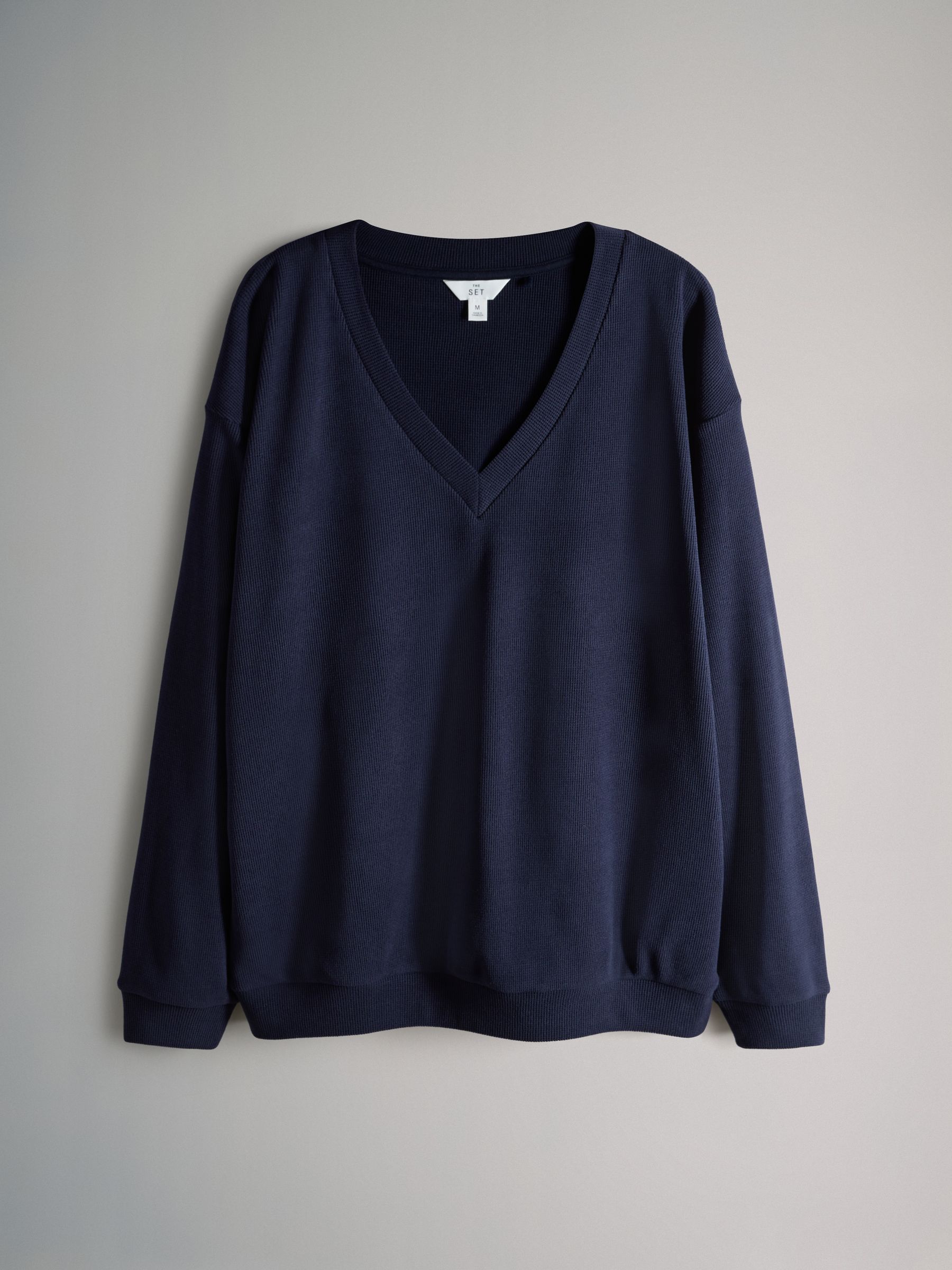 Waffle V-Neck Sweat Top And Wide Leg Jogger Set Navy - Image 2 of 5 Waffle V-Neck Sweat Top And Wide Leg Jogger Set Navy - Image 2 of 5