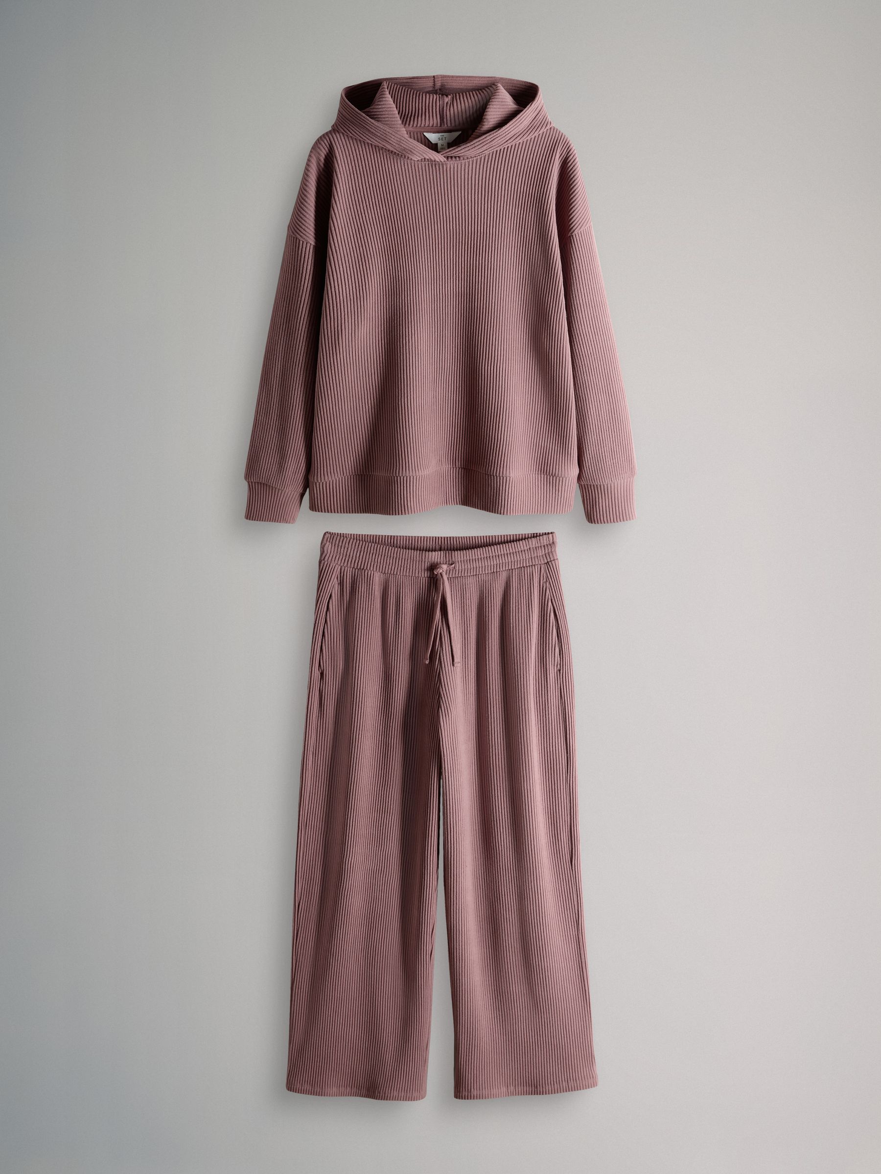 Dusty Pink Ribbed Hoodie And Wide Leg Jogger Set - Image 1 of 5