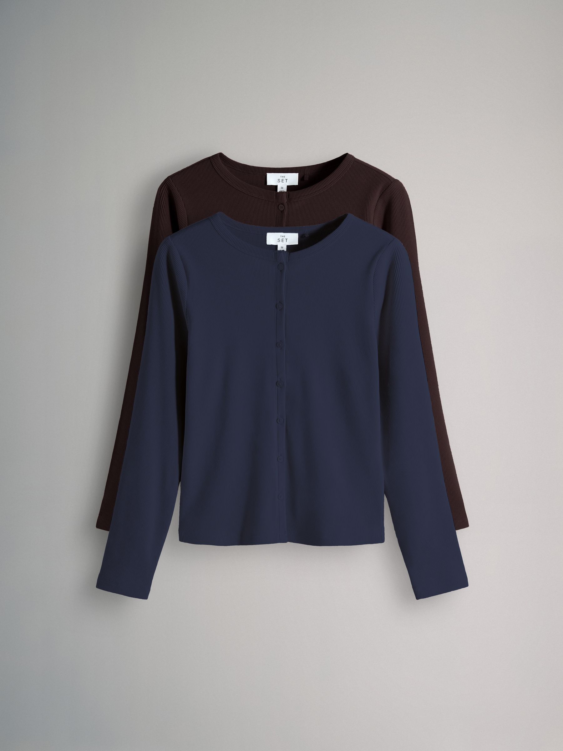 2 Pack Soft Touch Ribbed Long Sleeve Cardigan Chocolate Brown/Navy - Image 1 of 5