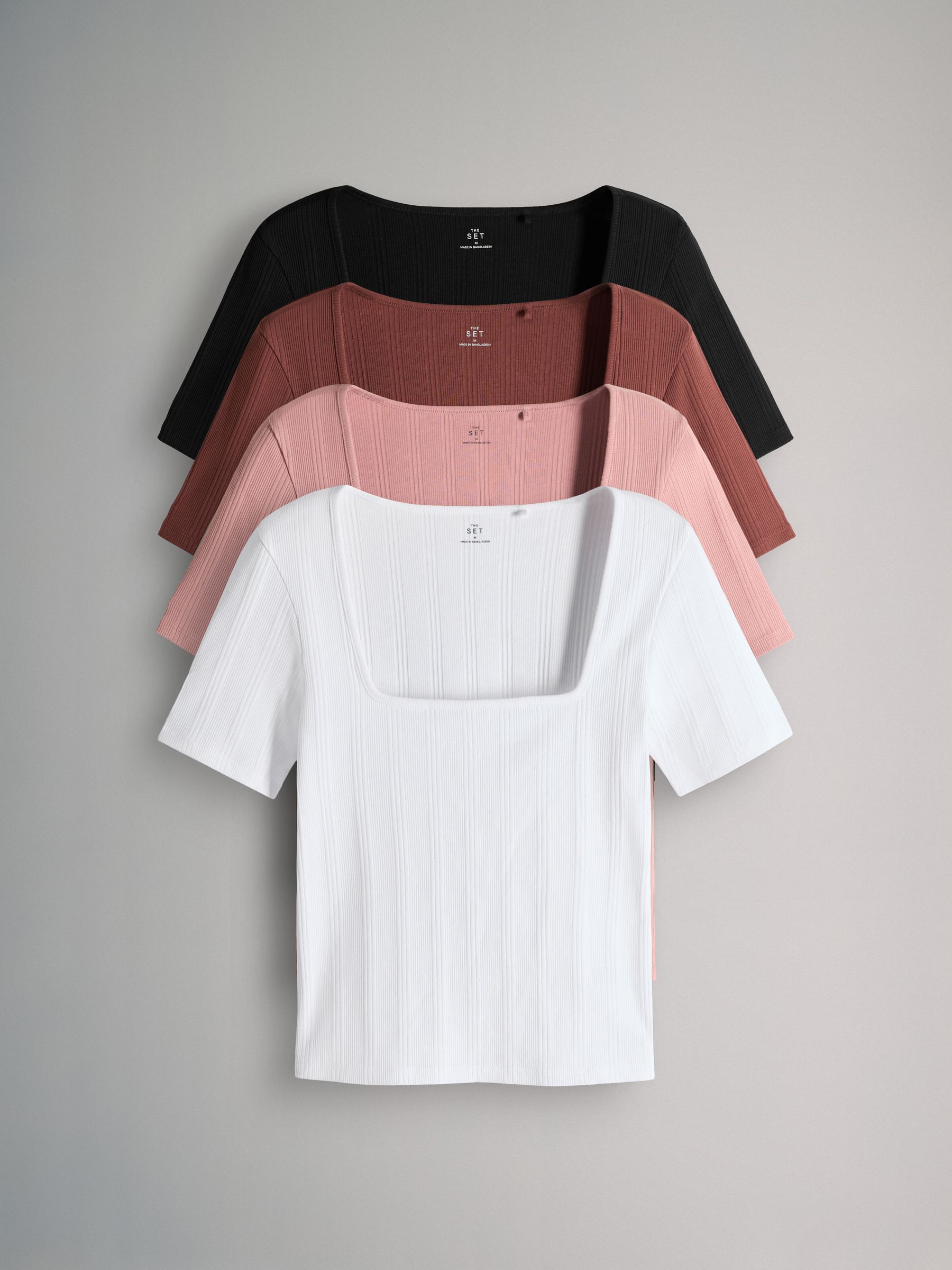Black/Pink/White 4 Pack Textured Ribbed Square Neck Half Sleeve T-Shirts - Image 2 of 5