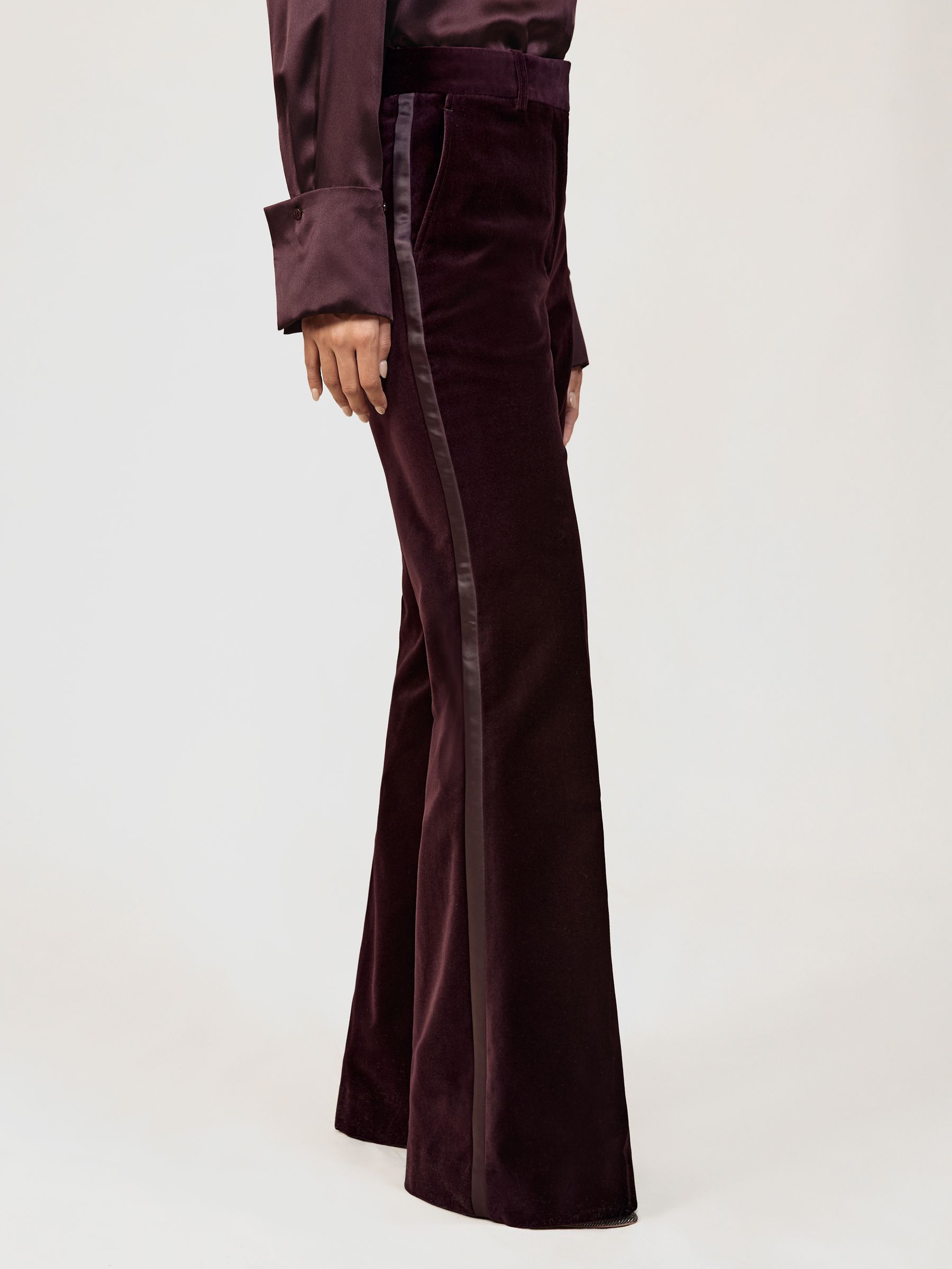 Velvet Tuxedo-Stripe Flared Trousers in Burgundy - image 5