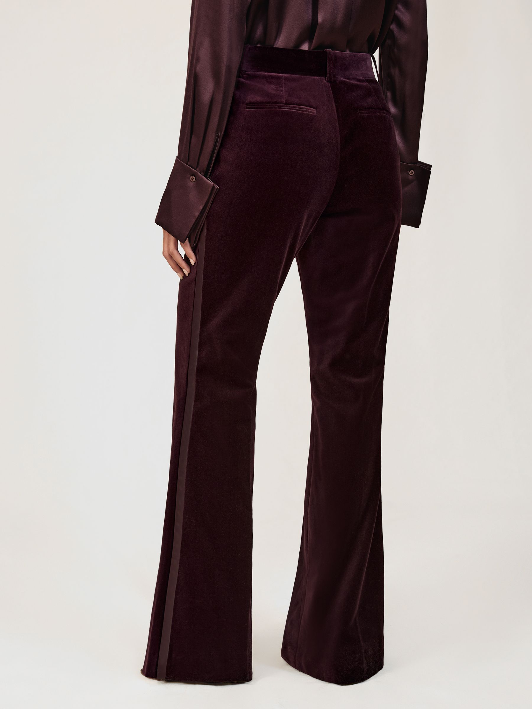 Velvet Tuxedo-Stripe Flared Trousers in Burgundy - Image 7 of 8
