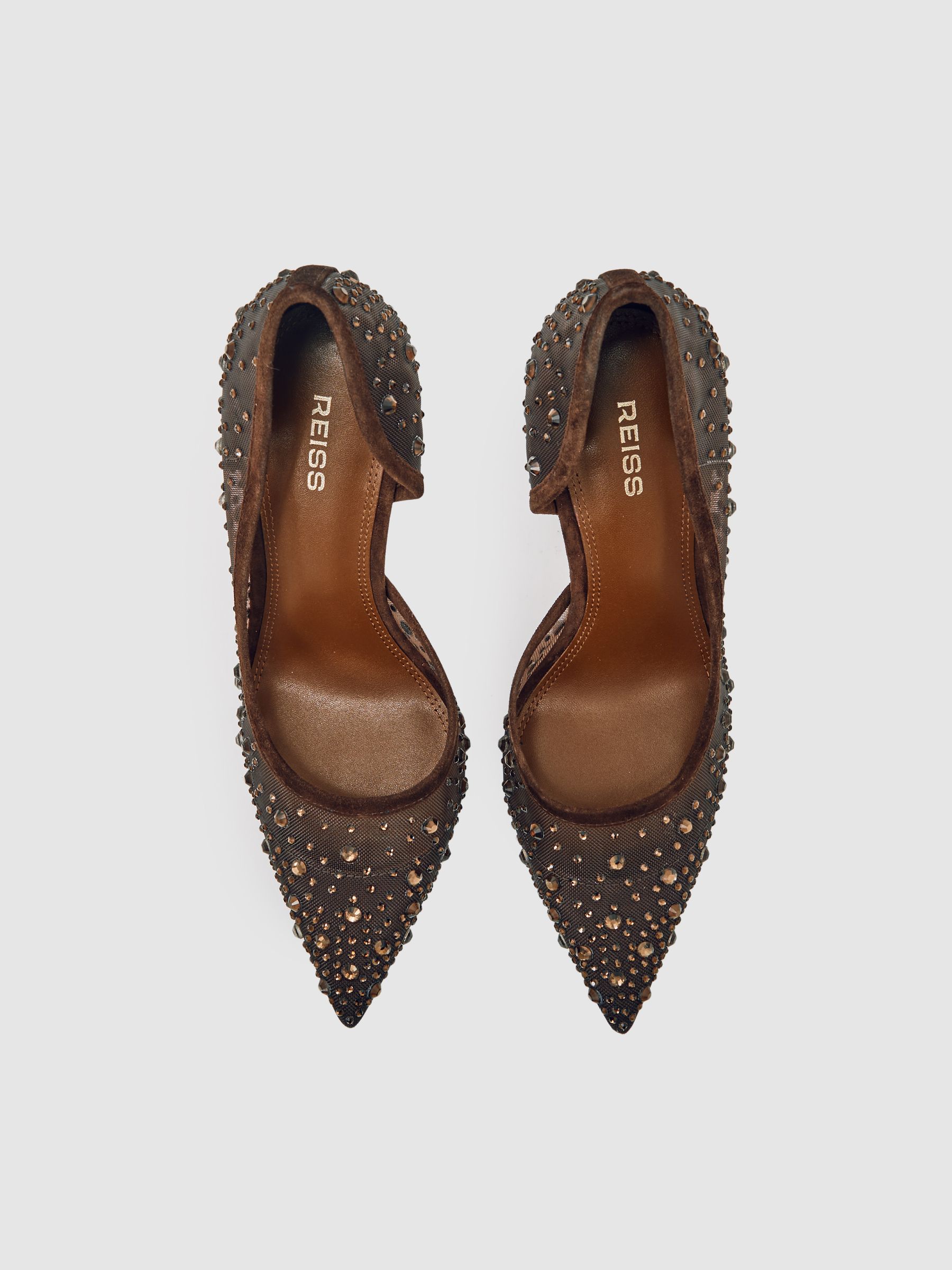 Crystal-Embellished Mesh Court Shoes in Chocolate - Image 3 of 5