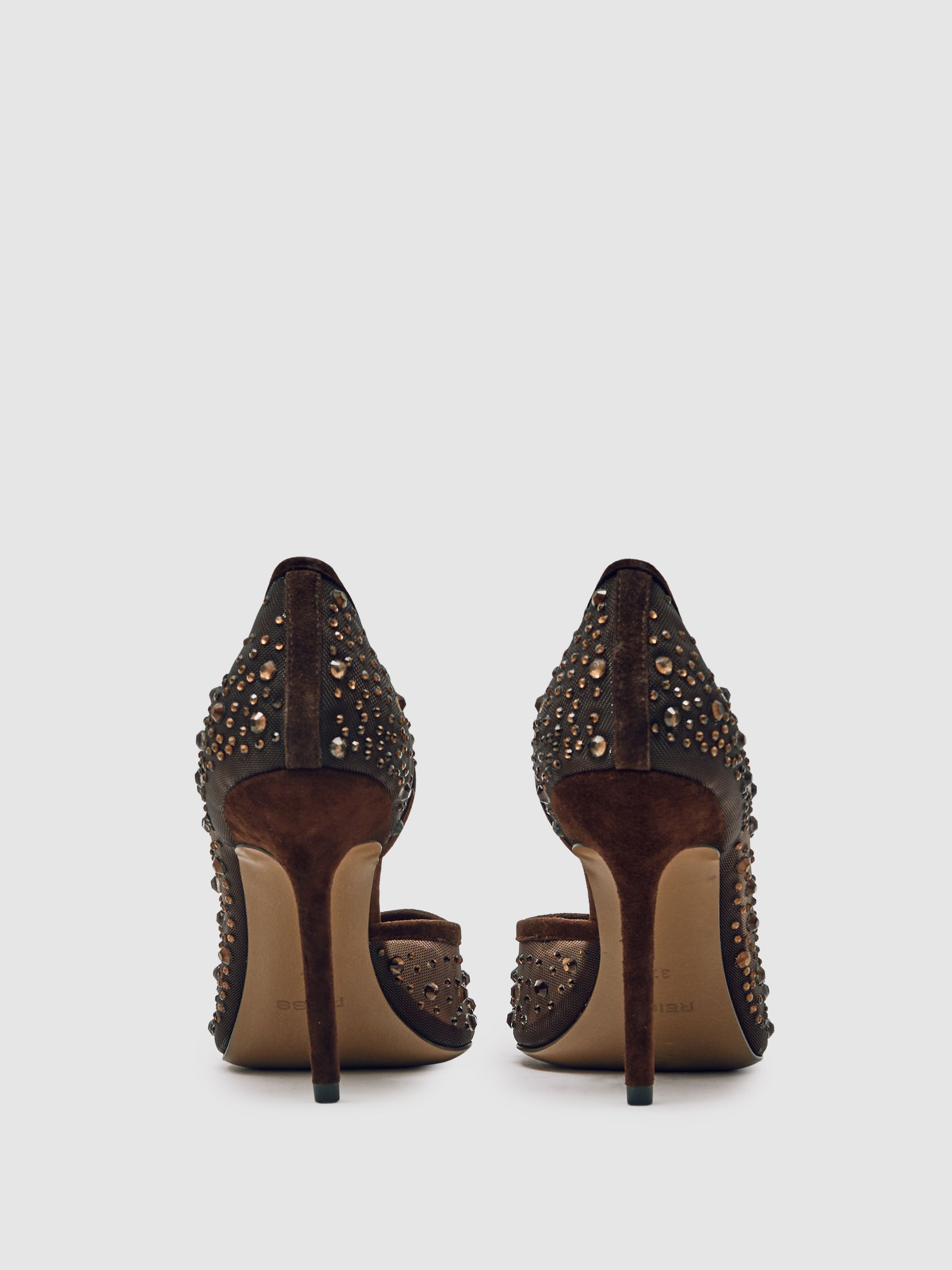 Crystal-Embellished Mesh Court Shoes in Chocolate - Image 4 of 5