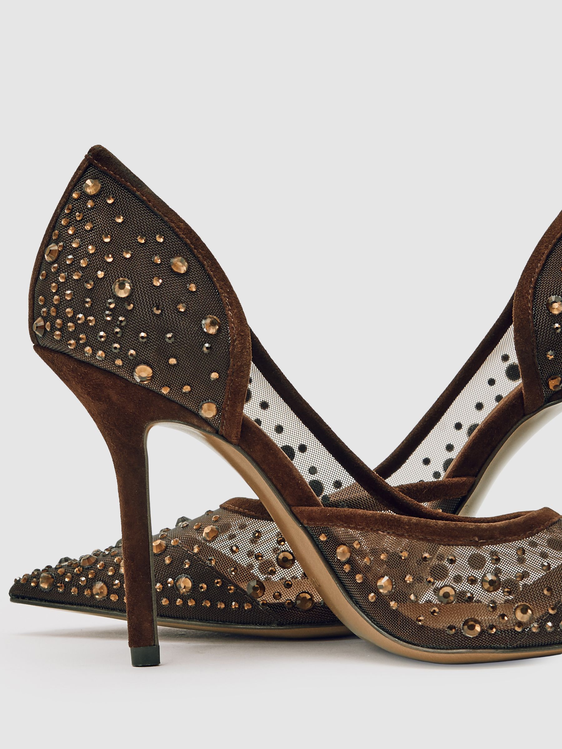 Crystal-Embellished Mesh Court Shoes in Chocolate - Image 5 of 5