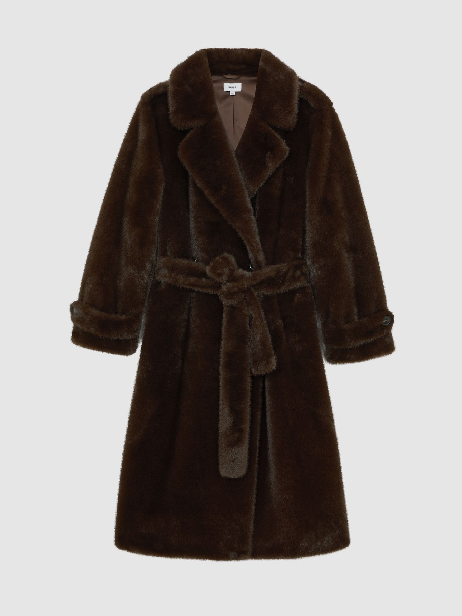 Petite Faux-Fur Long Belted Coat in Chocolate Brown - Image 2 of 8