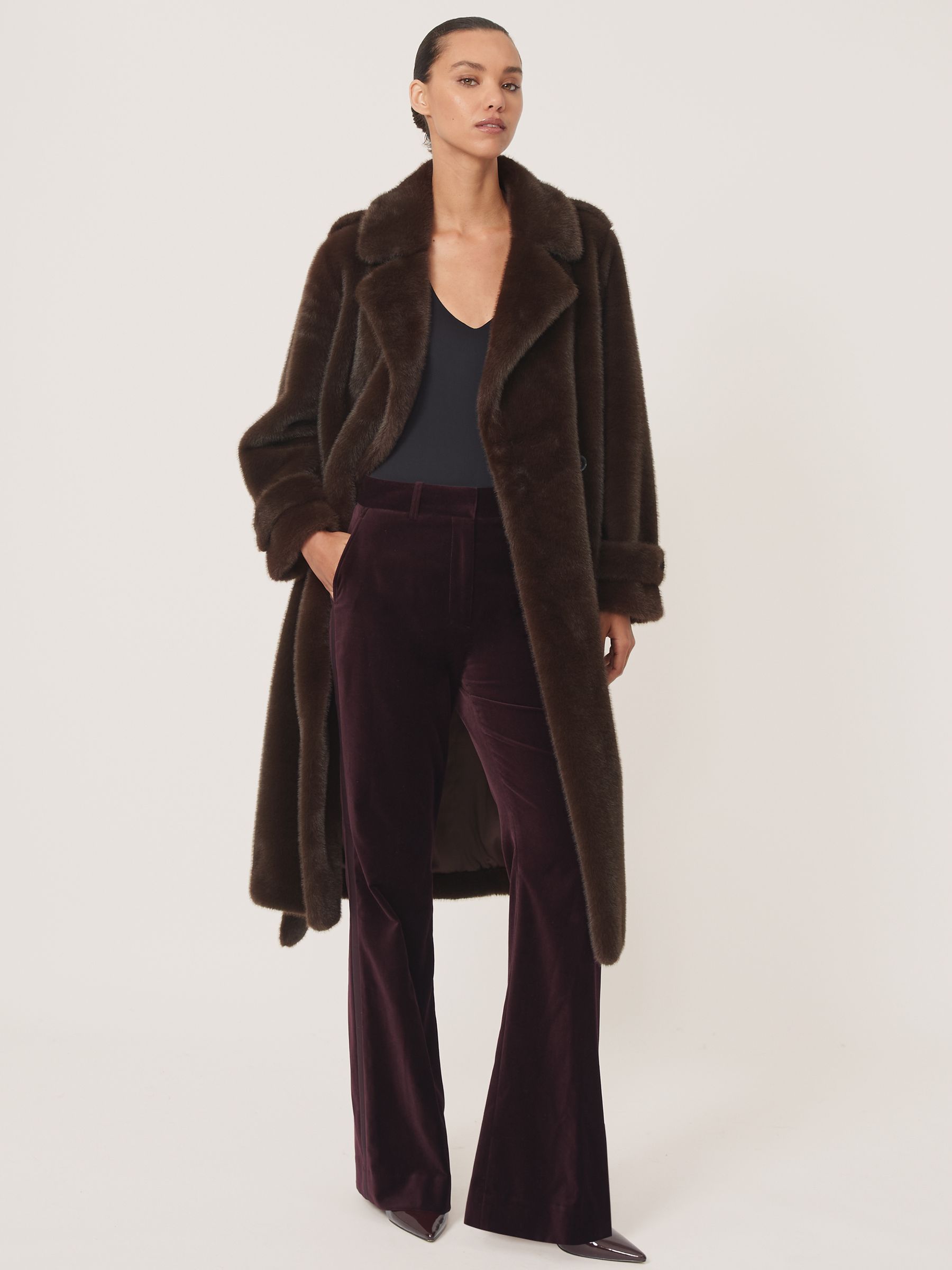 Petite Faux-Fur Long Belted Coat in Chocolate Brown - Image 5 of 8