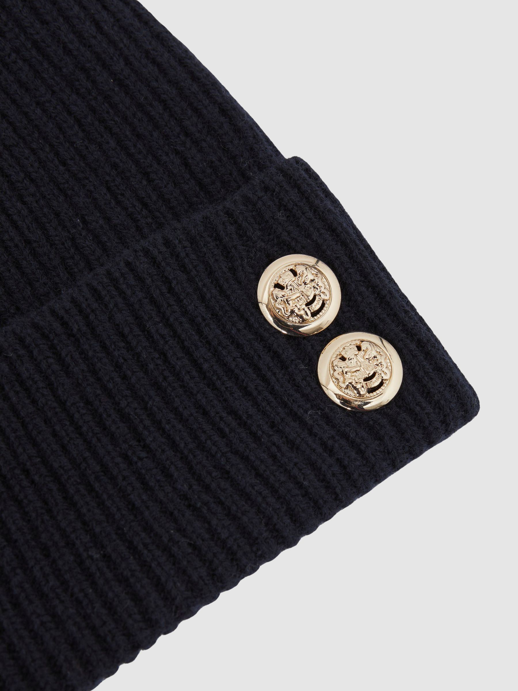 Merino Wool Blend Button Beanie With Cashmere in Navy - Image 4 of 4