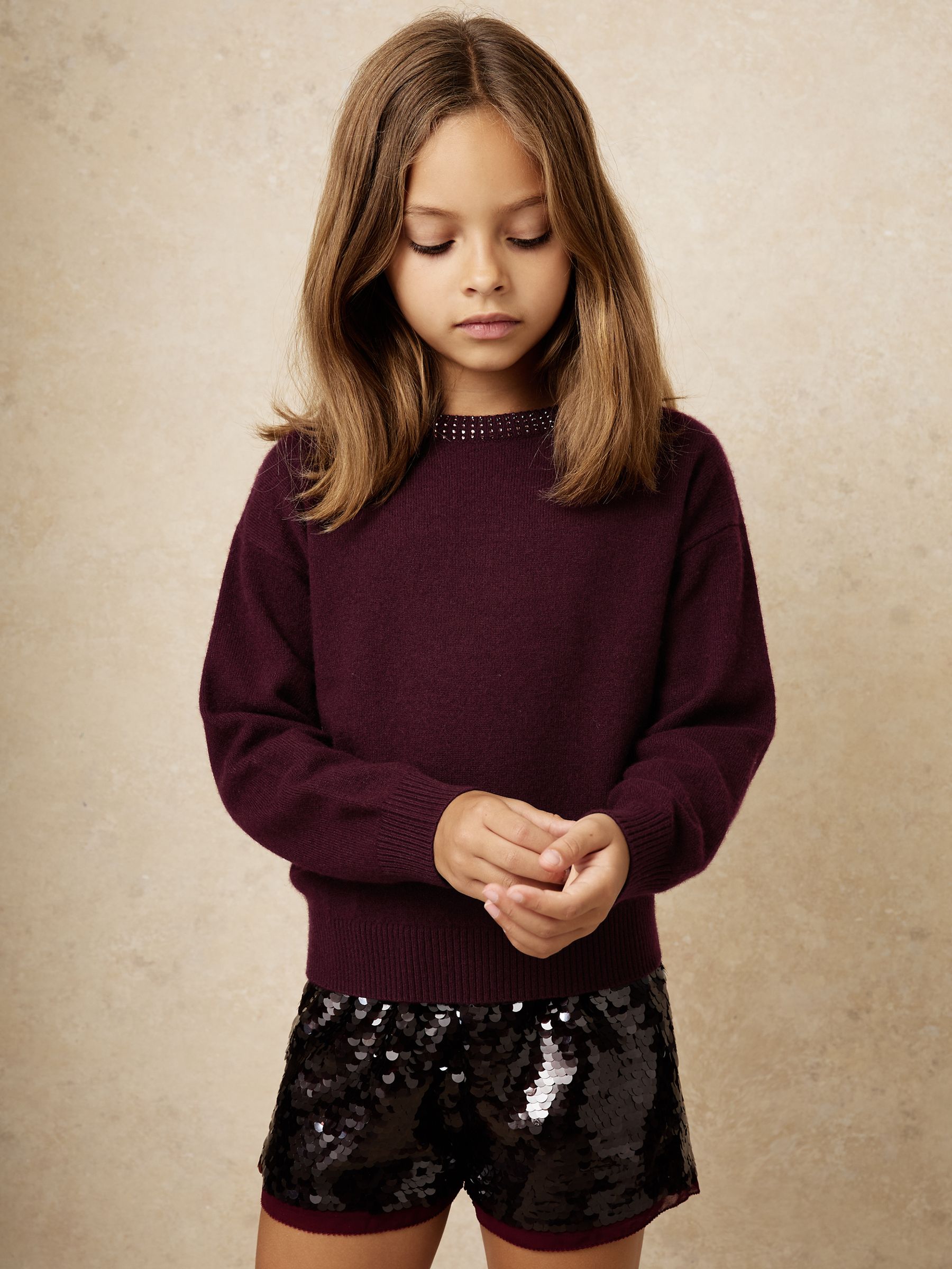 3-9 yrs Wool-Blend Crystal-Neckline Jumper With Cashmere in Berry - Image 1 of 5