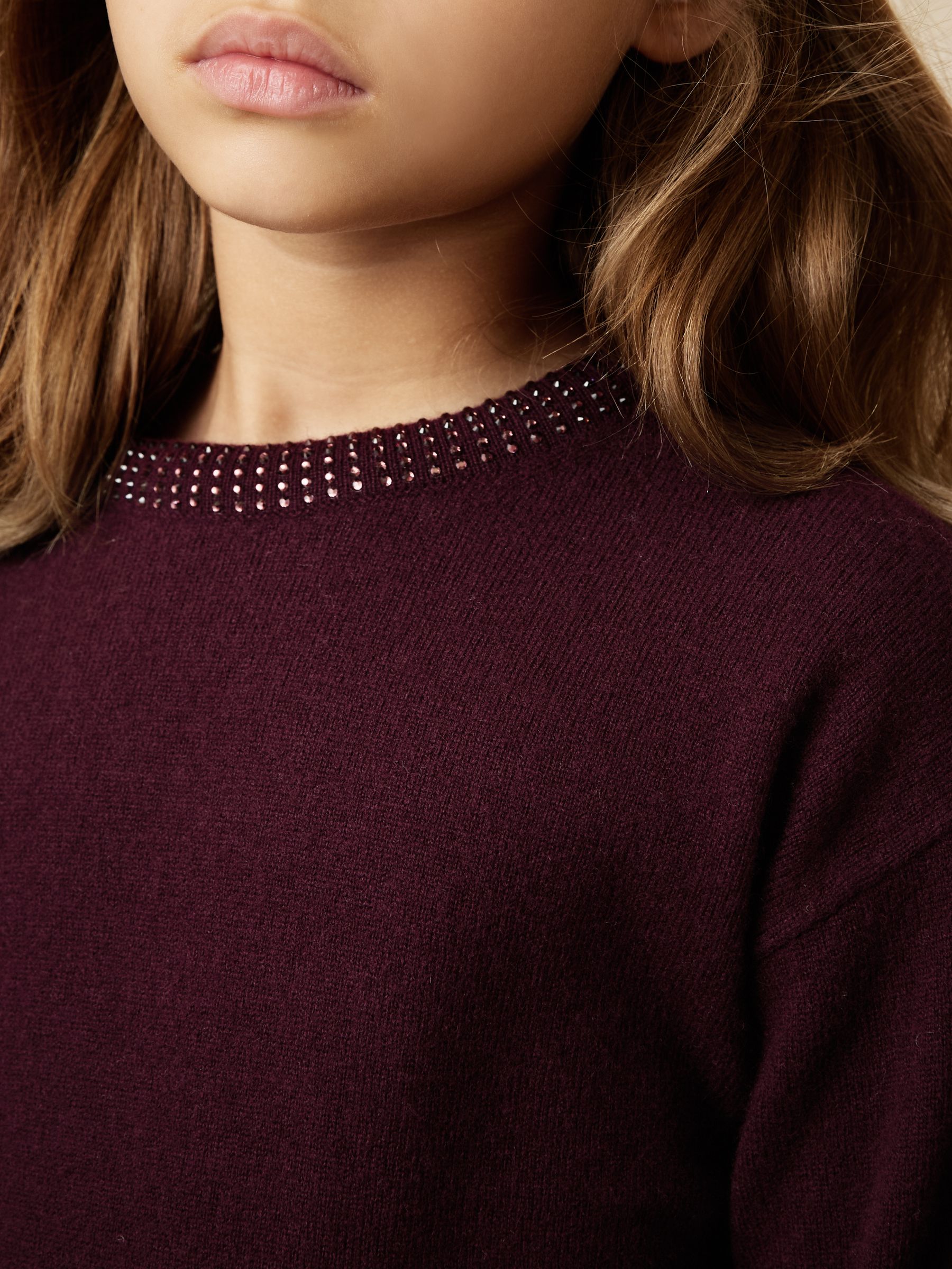 3-9 yrs Wool-Blend Crystal-Neckline Jumper With Cashmere in Berry - Image 4 of 5