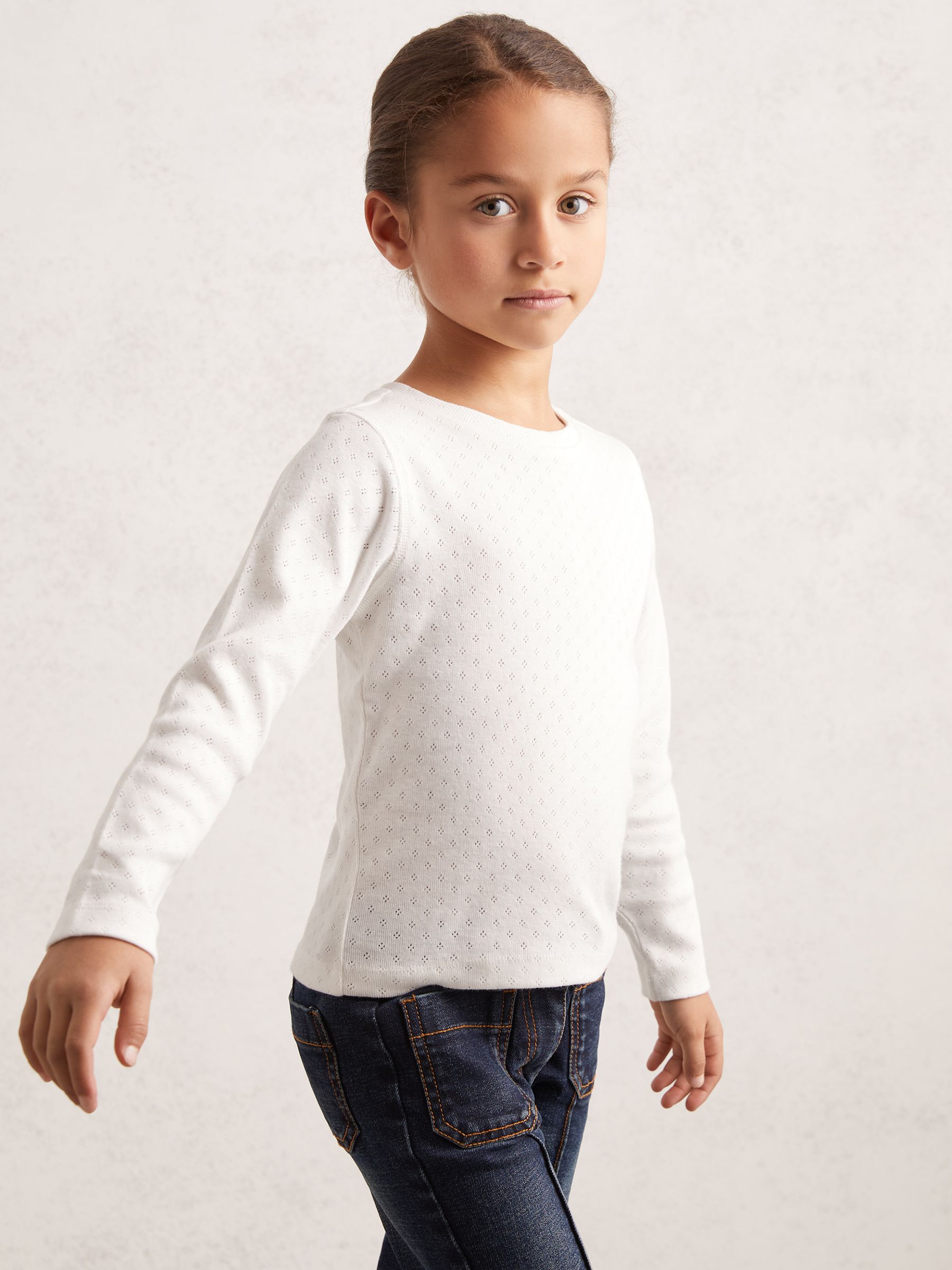 13-14 yrs Cotton Pointelle Long-Sleeve Top in White - Image 3 of 4