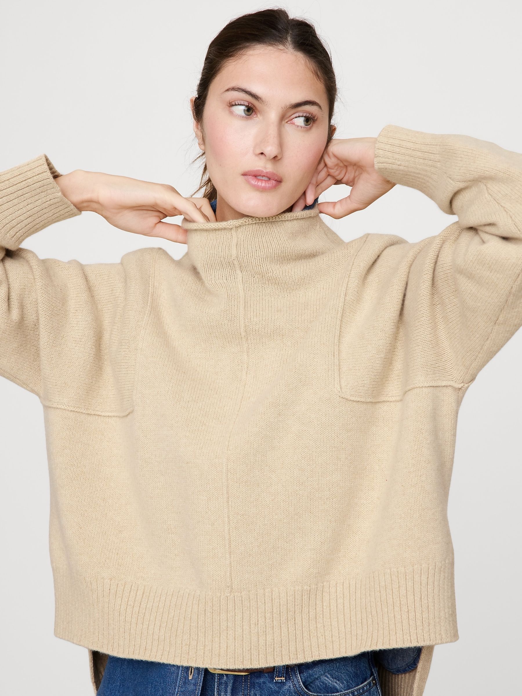 Banana Republic Beige Oversized Merino-Cotton High-Low Funnel Neck Jumper - Image 1 of 4