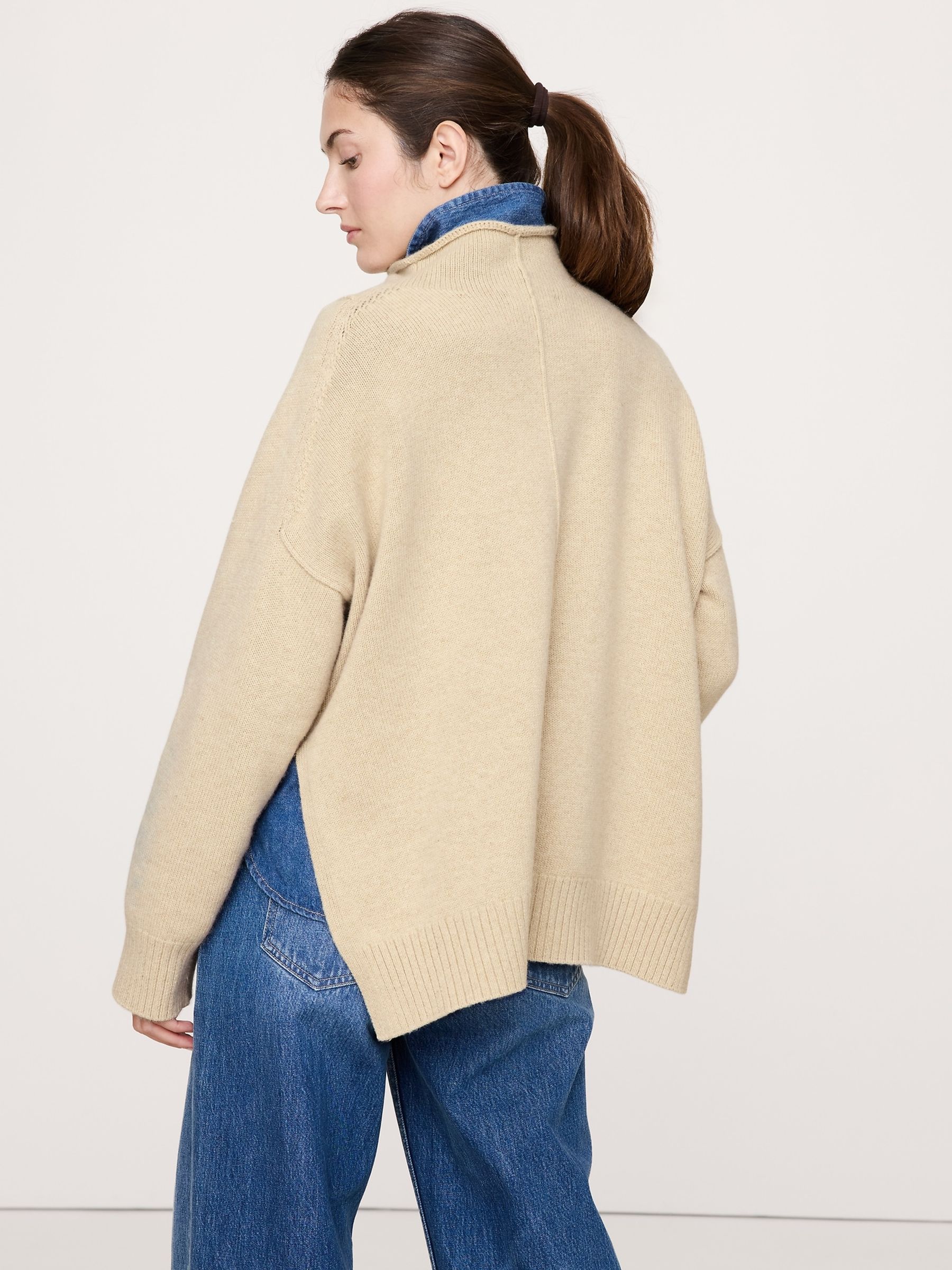 Banana Republic Beige Oversized Merino-Cotton High-Low Funnel Neck Jumper - Image 2 of 4