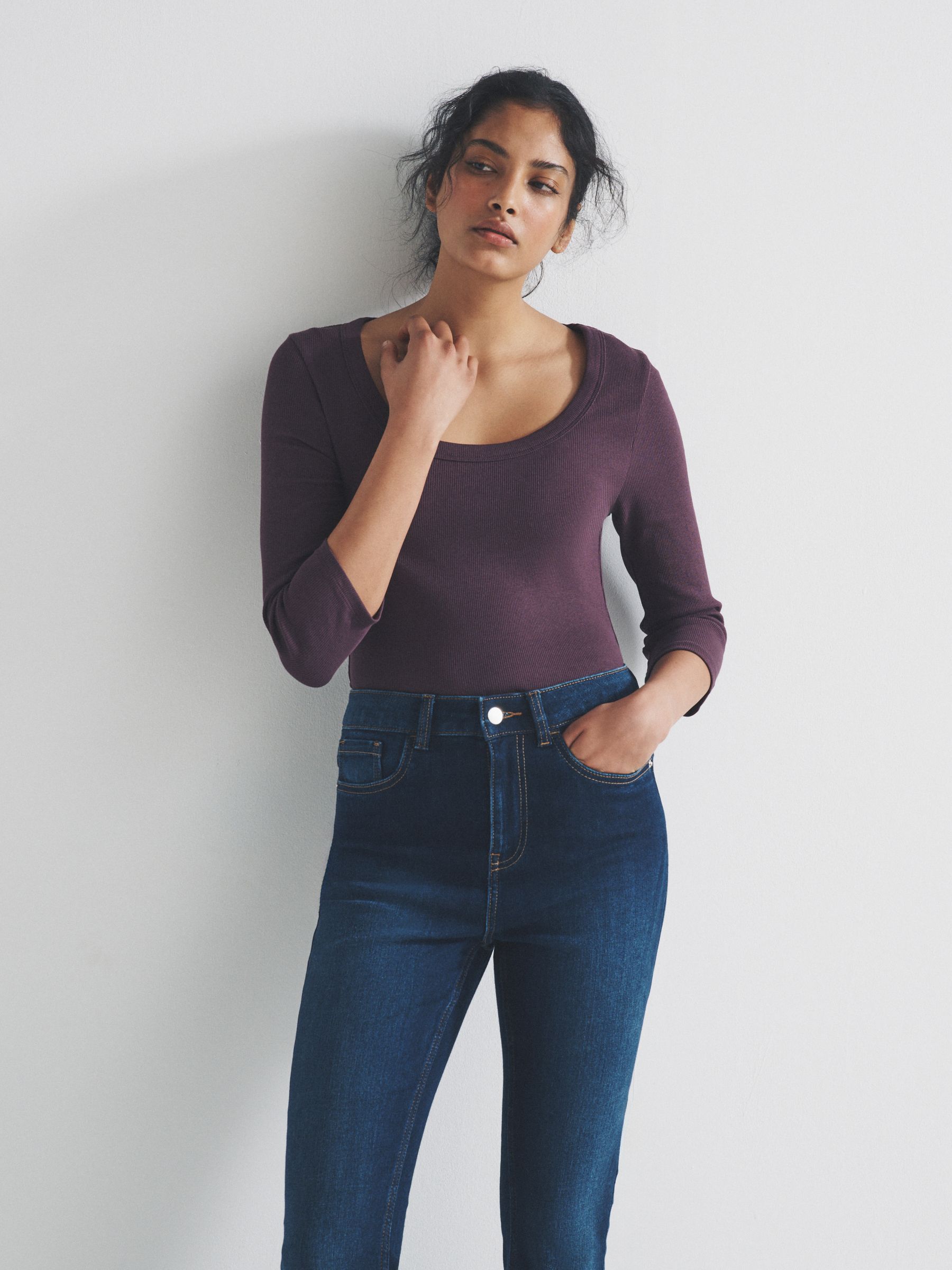Brown/Purple/Pink/White - 4 Pack Scoop Neck 3/4 Sleeve Ribbed T-Shirts - Image 1 of 11