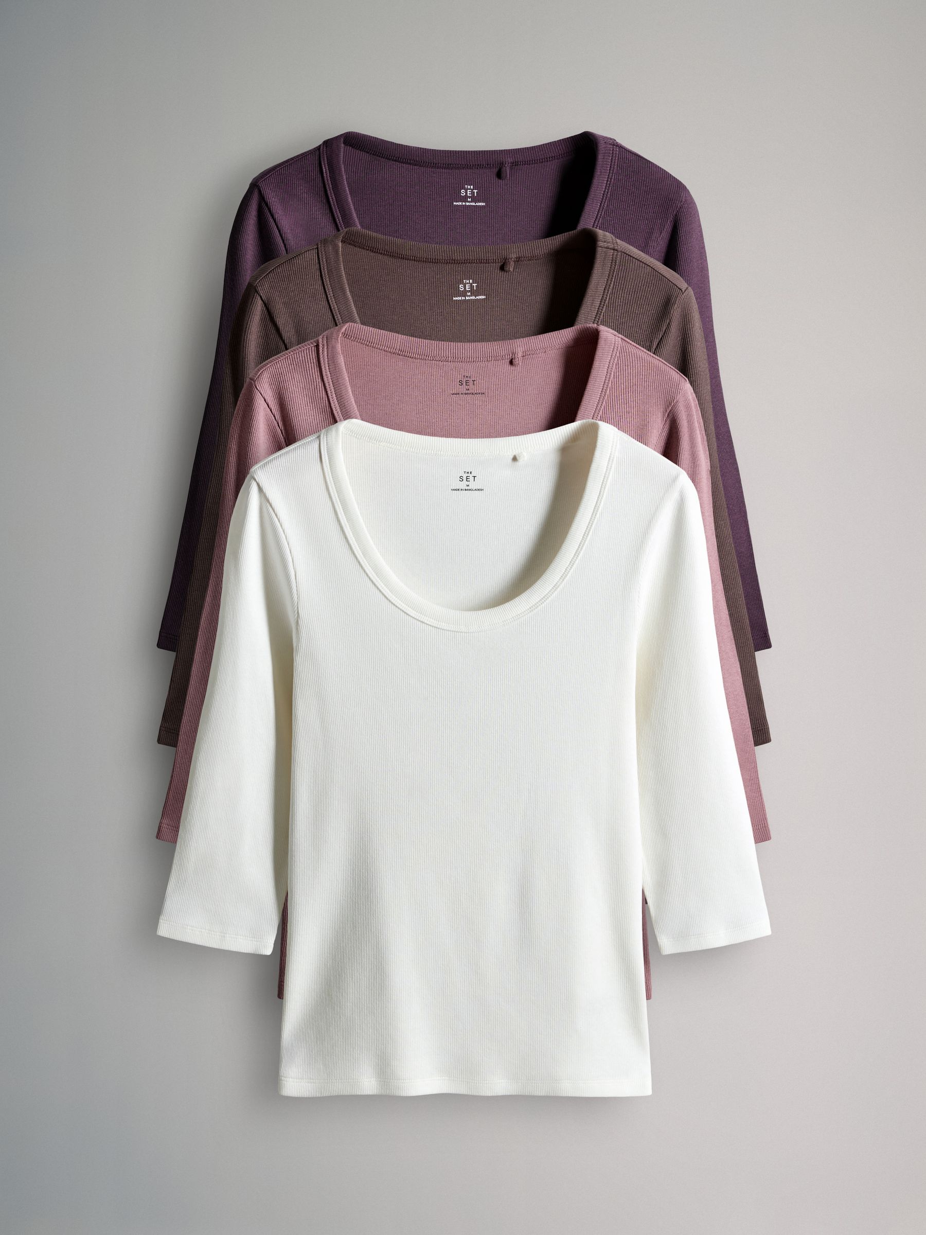 Brown/Purple/Pink/White - 4 Pack Scoop Neck 3/4 Sleeve Ribbed T-Shirts - Image 2 of 11