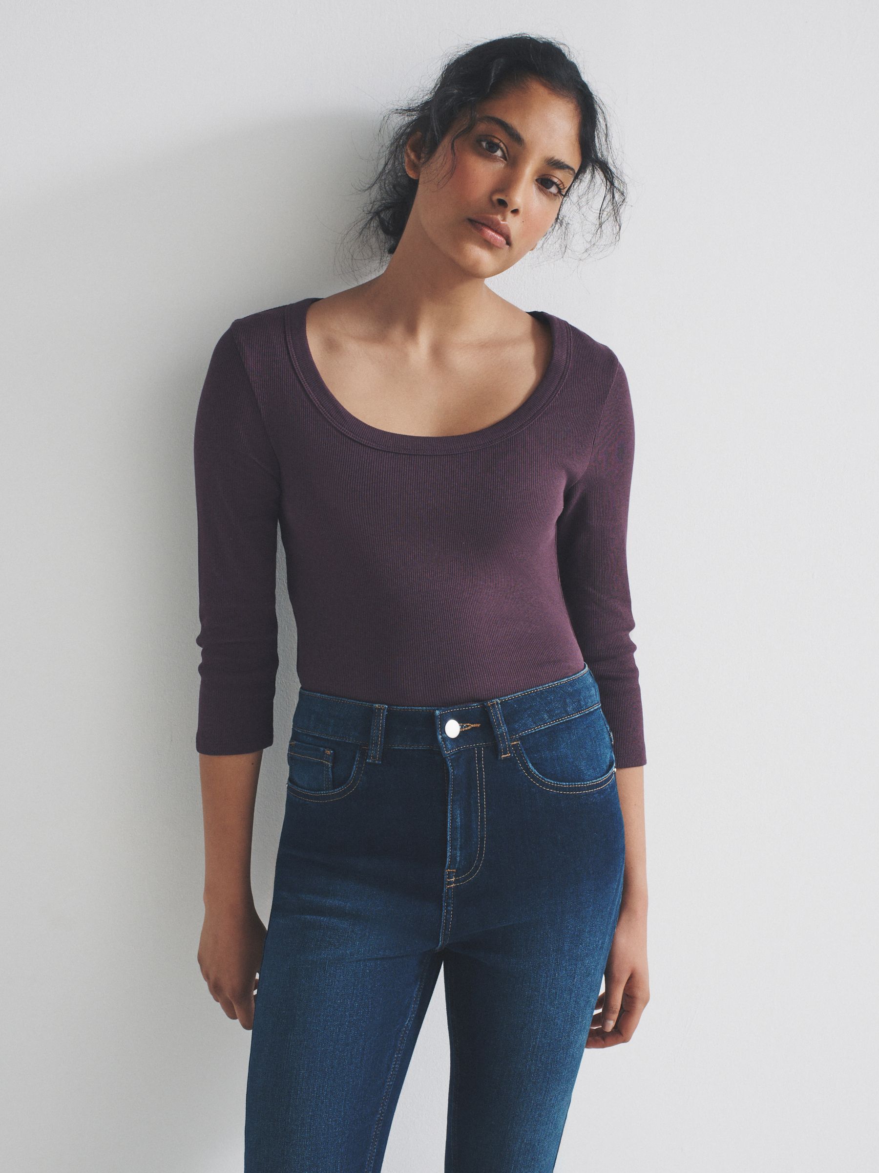 Brown/Purple/Pink/White - 4 Pack Scoop Neck 3/4 Sleeve Ribbed T-Shirts - Image 3 of 11