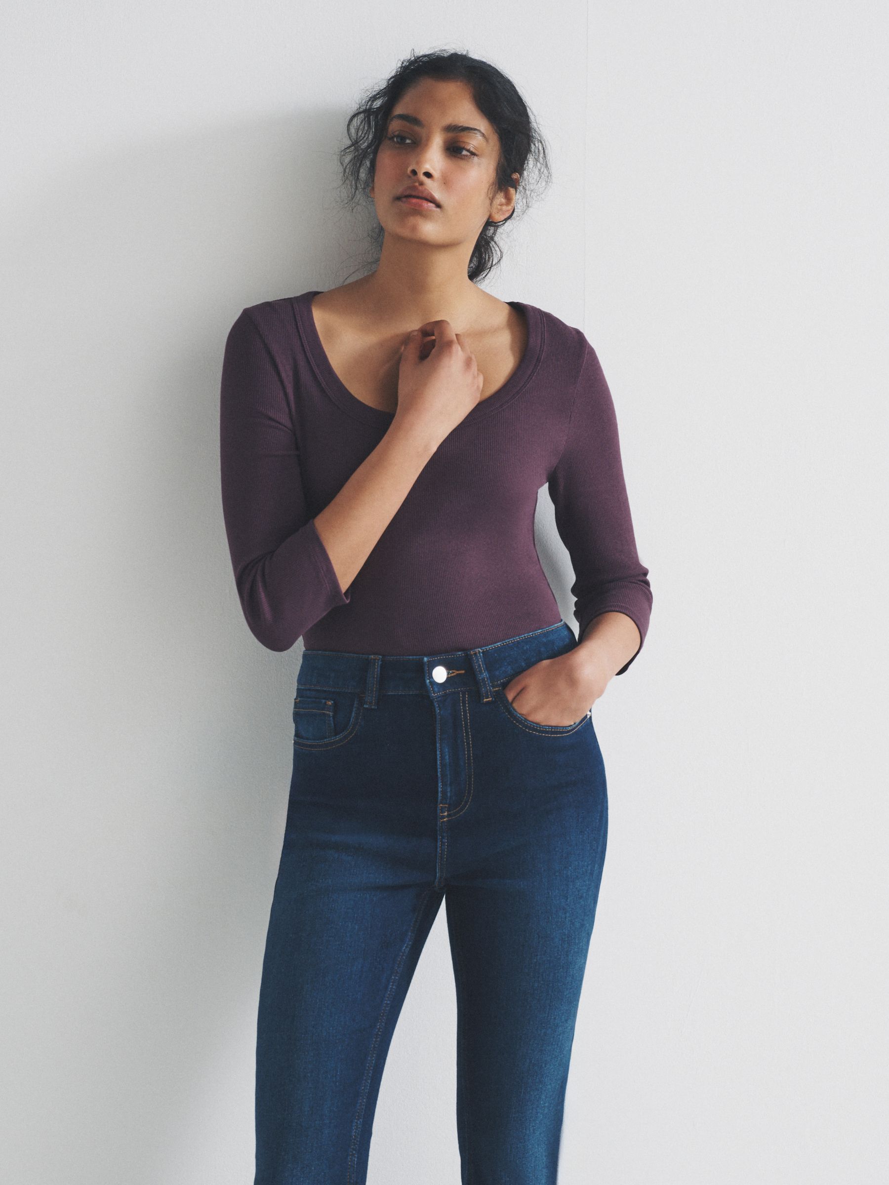 Brown/Purple/Pink/White - 4 Pack Scoop Neck 3/4 Sleeve Ribbed T-Shirts - Image 4 of 11