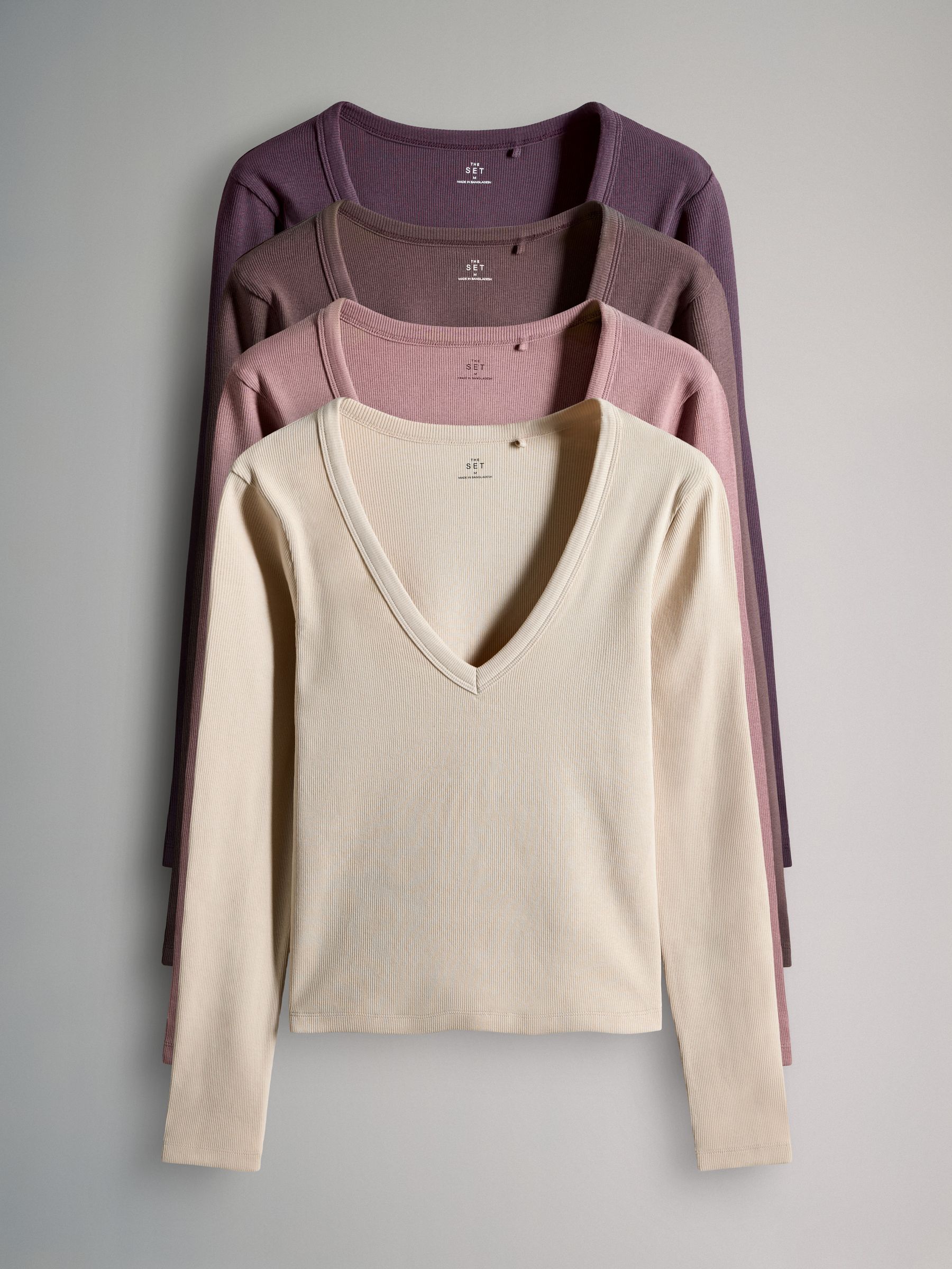 Purple/Brown/Pink/Stone - 4 Pack V-Neck Ribbed Long Sleeve T-Shirts - Image 1 of 7