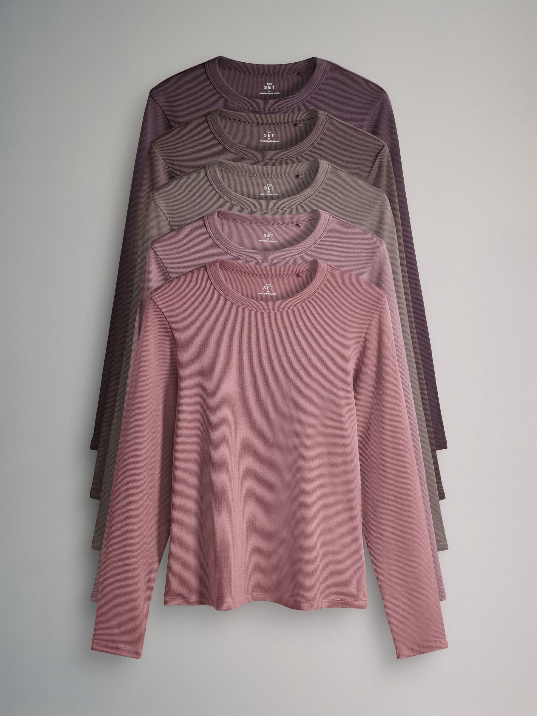 Purple/Light Purple/Pink/Brown/Stripe/Brown - 5 Pack Ribbed Long Sleeve T-Shirts - Image 1 of 6