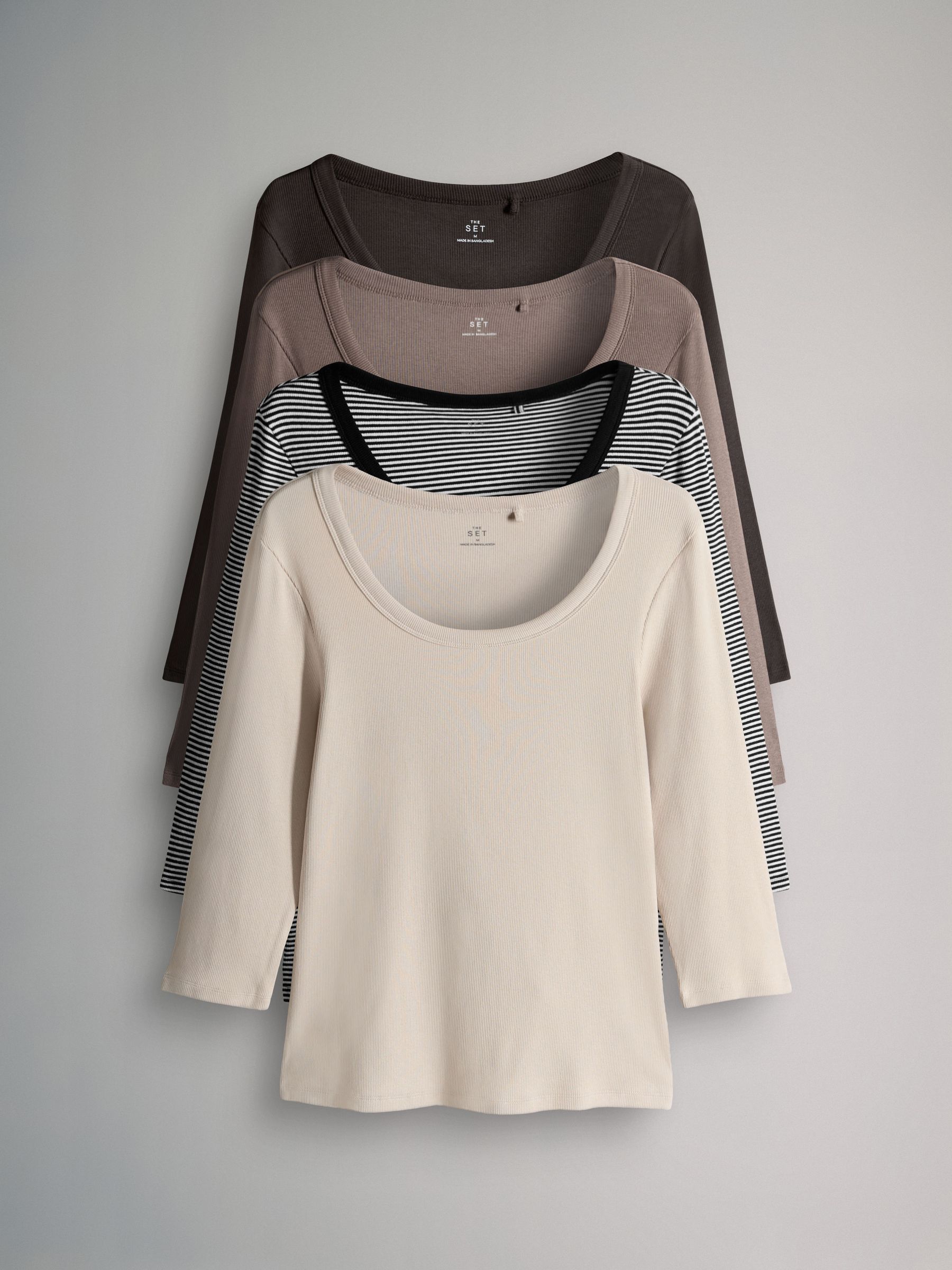 Stripe/Chocolate/Taupe Brown/Stone - 4 Pack Scoop Neck 3/4 Sleeve Ribbed T-Shirts - Image 1 of 6