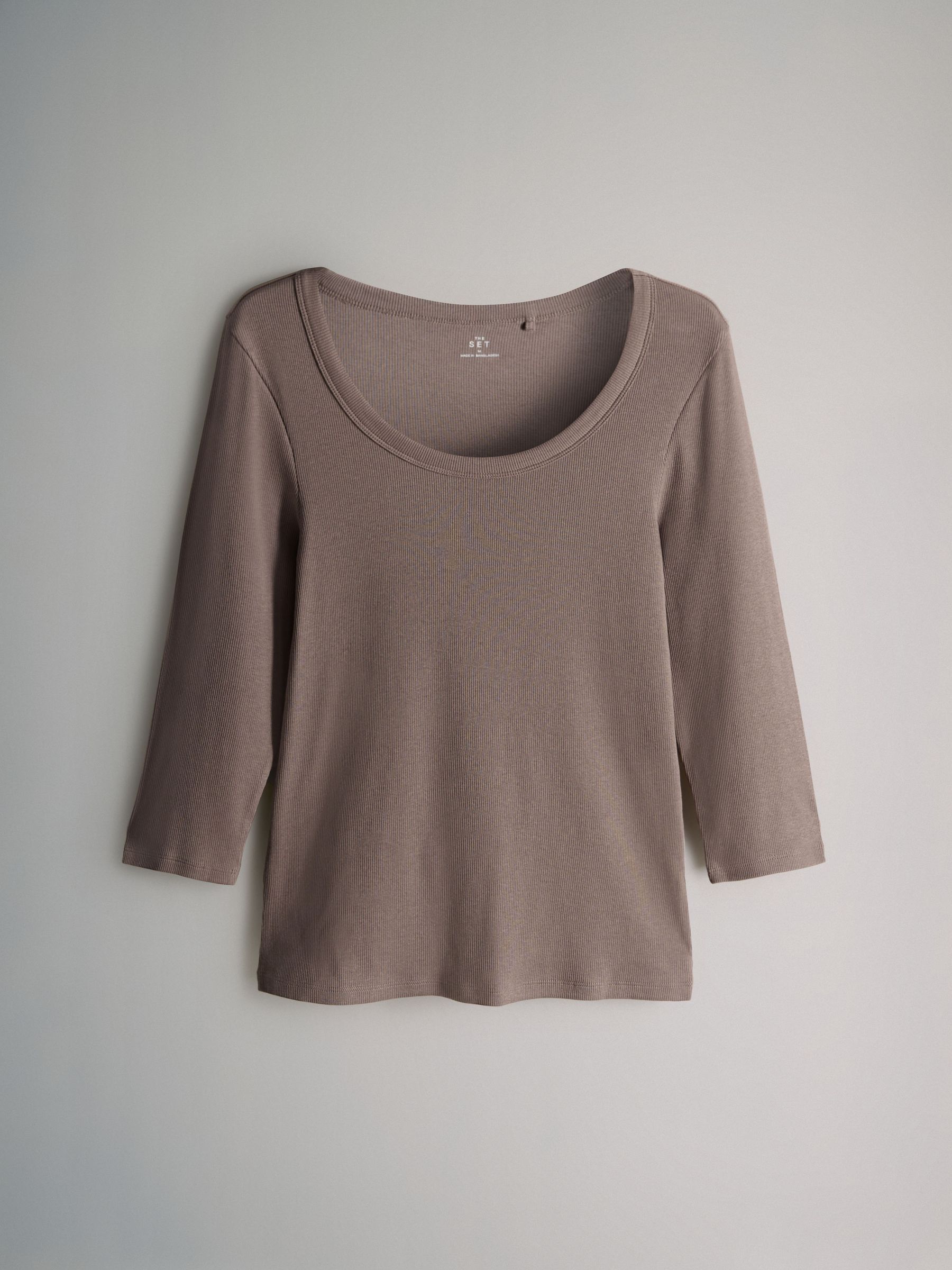 Stripe/Chocolate/Taupe Brown/Stone - 4 Pack Scoop Neck 3/4 Sleeve Ribbed T-Shirts - Image 2 of 6