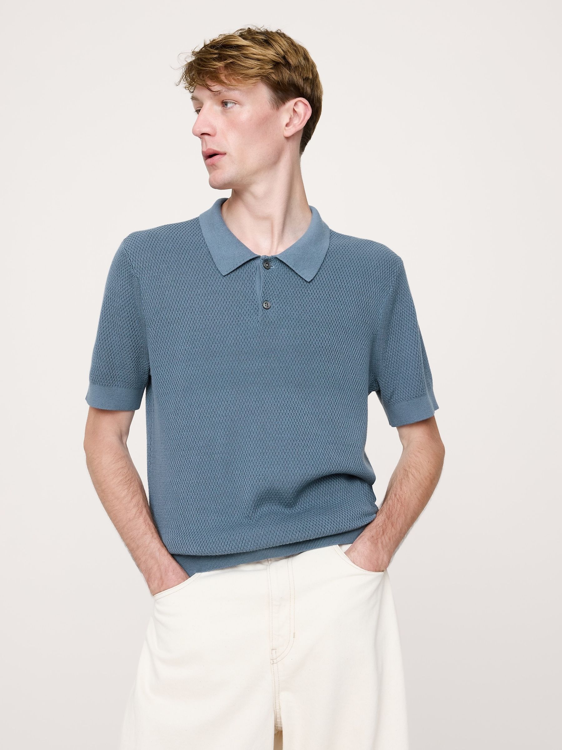 Banana Republic Blue Cotton Mesh Polo Shirt - Image 1 of 2