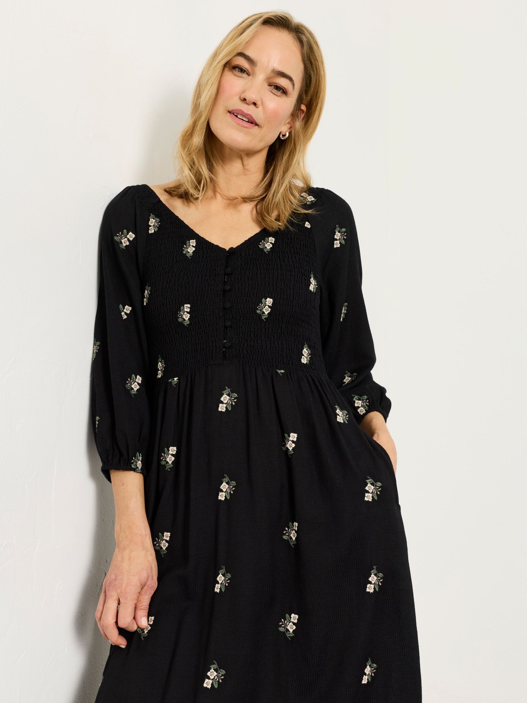 Fat Face - Black - Adele Black Regular Embroidered Midi Dress
