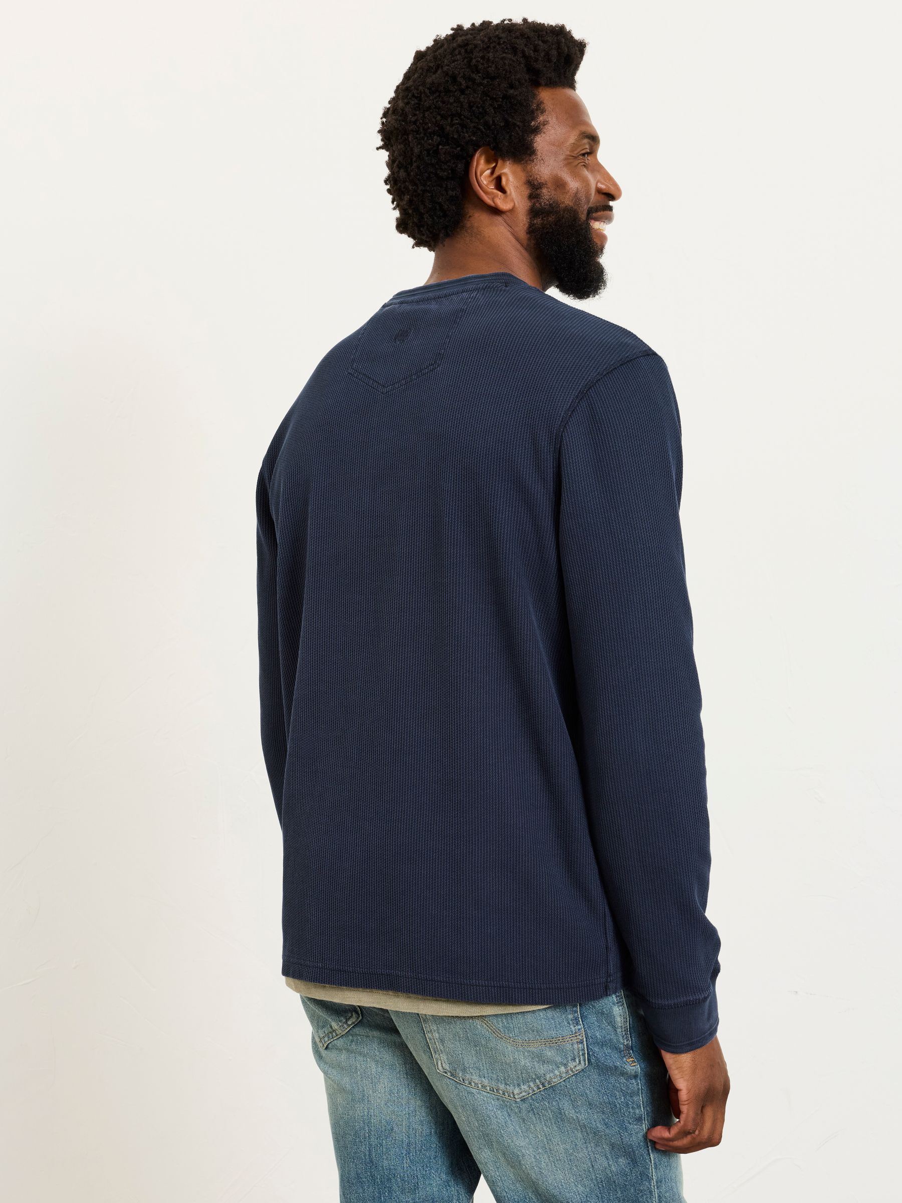 Wells Navy Long Sleeve Texture Henley - Image 2 of 6