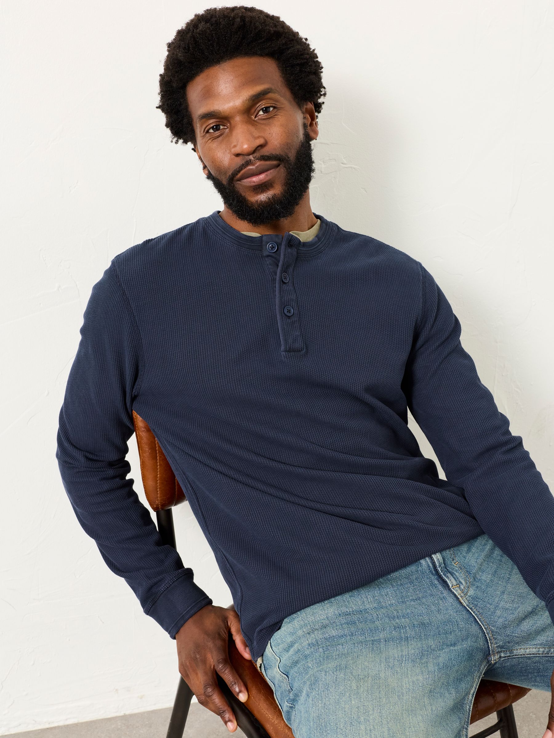 Wells Navy Long Sleeve Texture Henley - Image 3 of 6