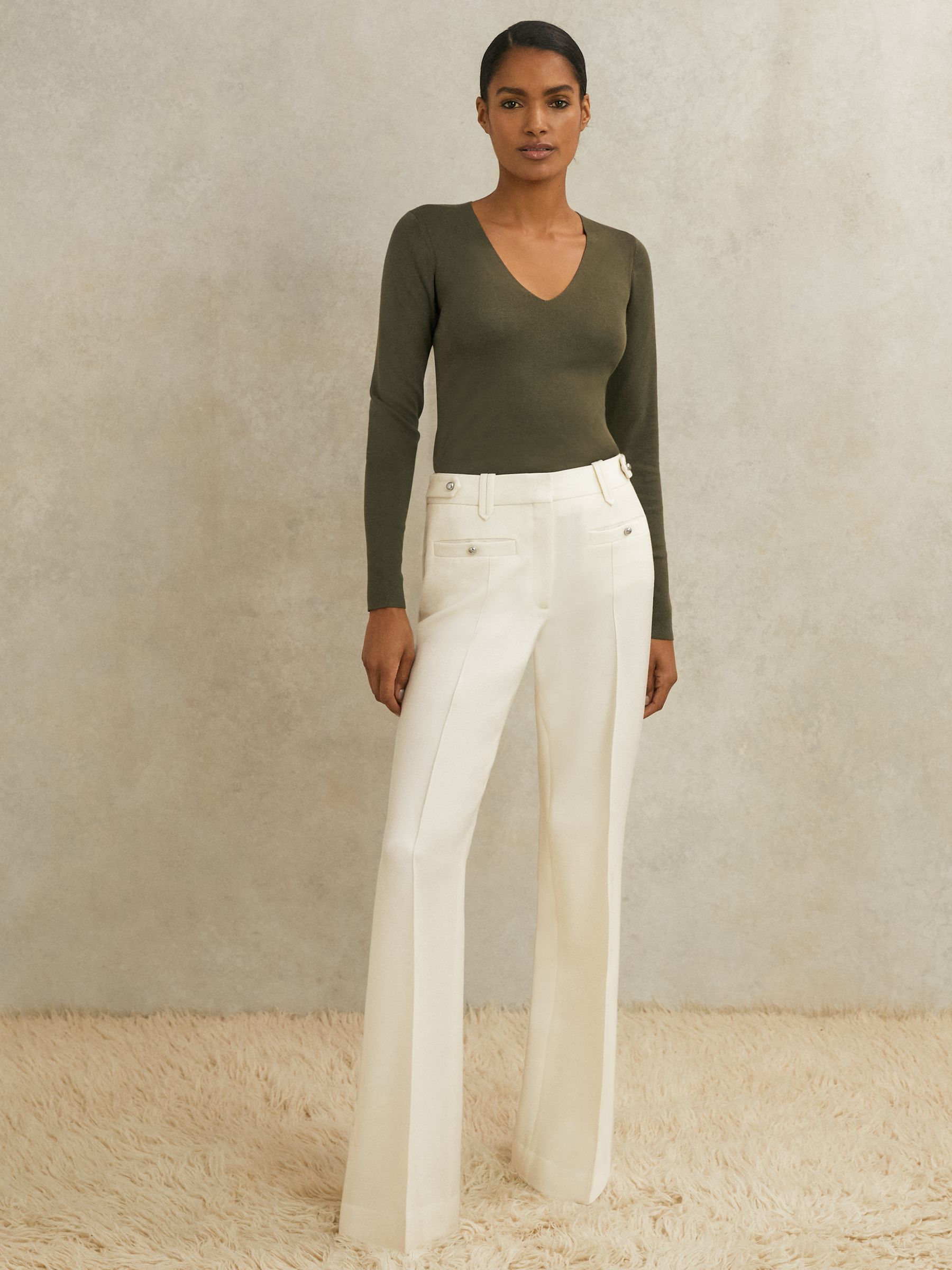 Atelier Wool Stud Flared Trousers in White - Image 1 of 6
