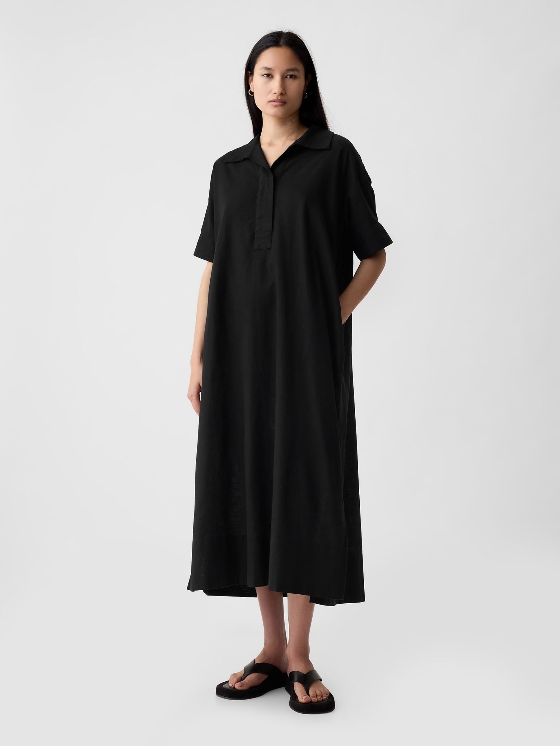 Black Linen-Cotton Short Sleeve Maxi Dress Gap