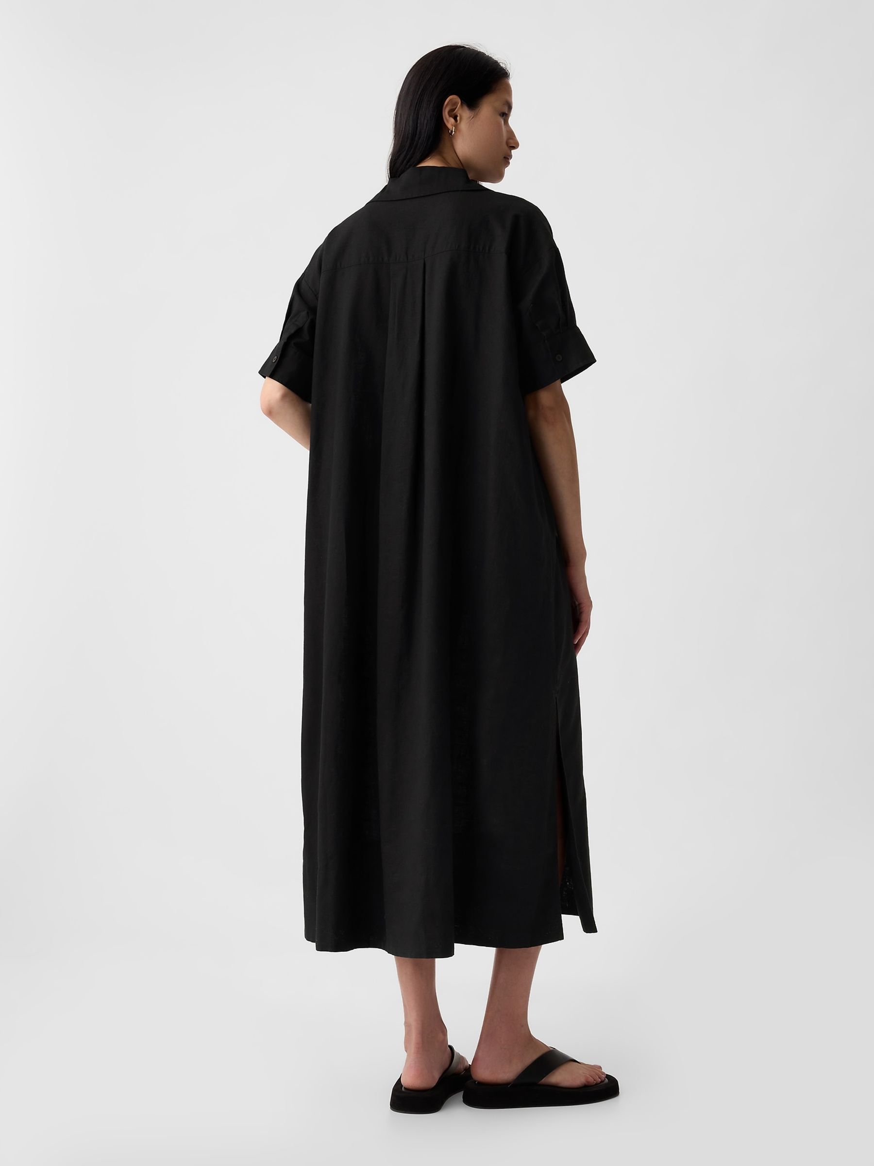 Black Linen-Cotton Short Sleeve Maxi Dress - Image 2 of 5