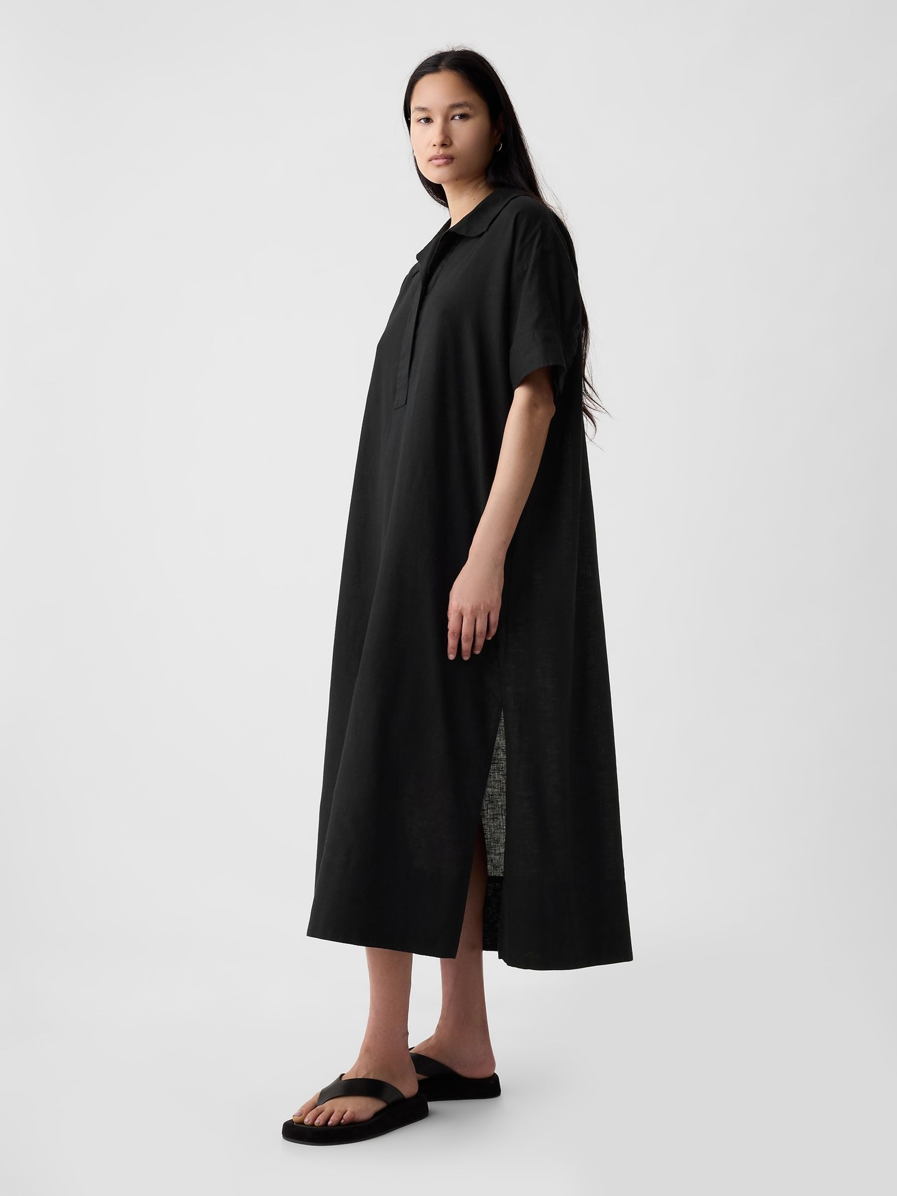 Black Linen-Cotton Short Sleeve Maxi Dress - Image 3 of 5