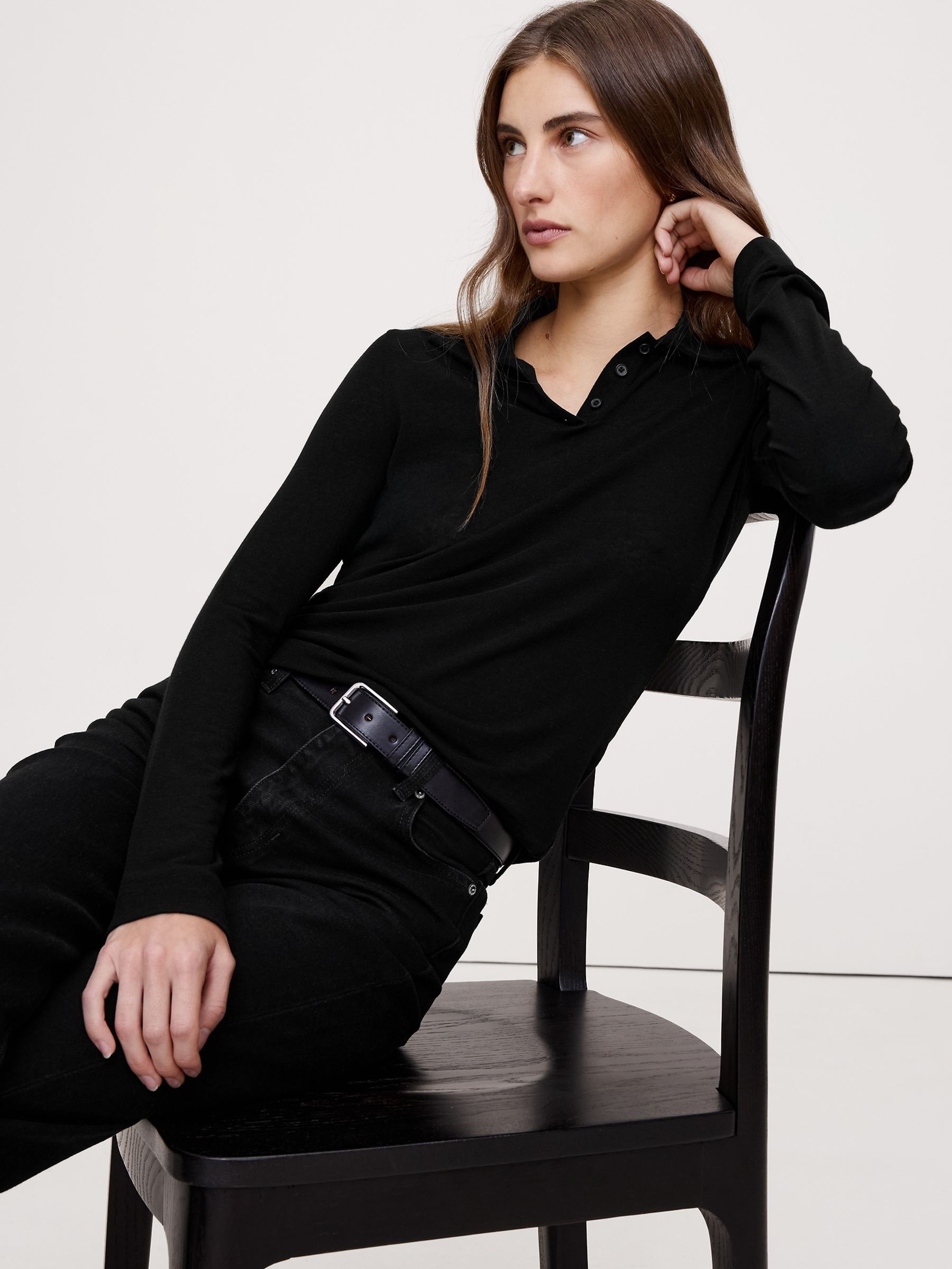 Banana Republic Black Sheer Lyocell-Wool Polo Shirt - Image 2 of 2