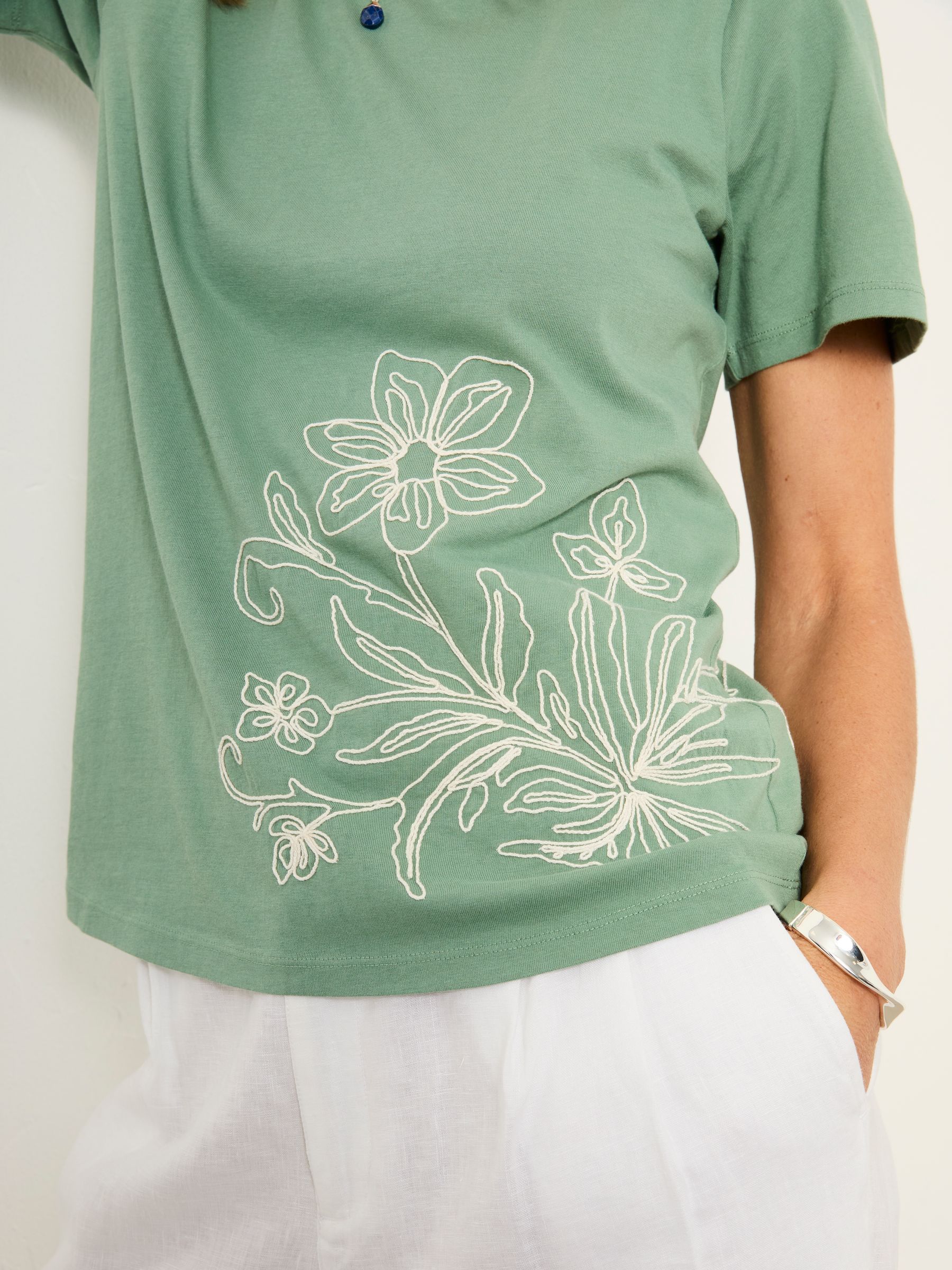 Freya Mid Green Floral Embroidered T Shirt - Image 4 of 6