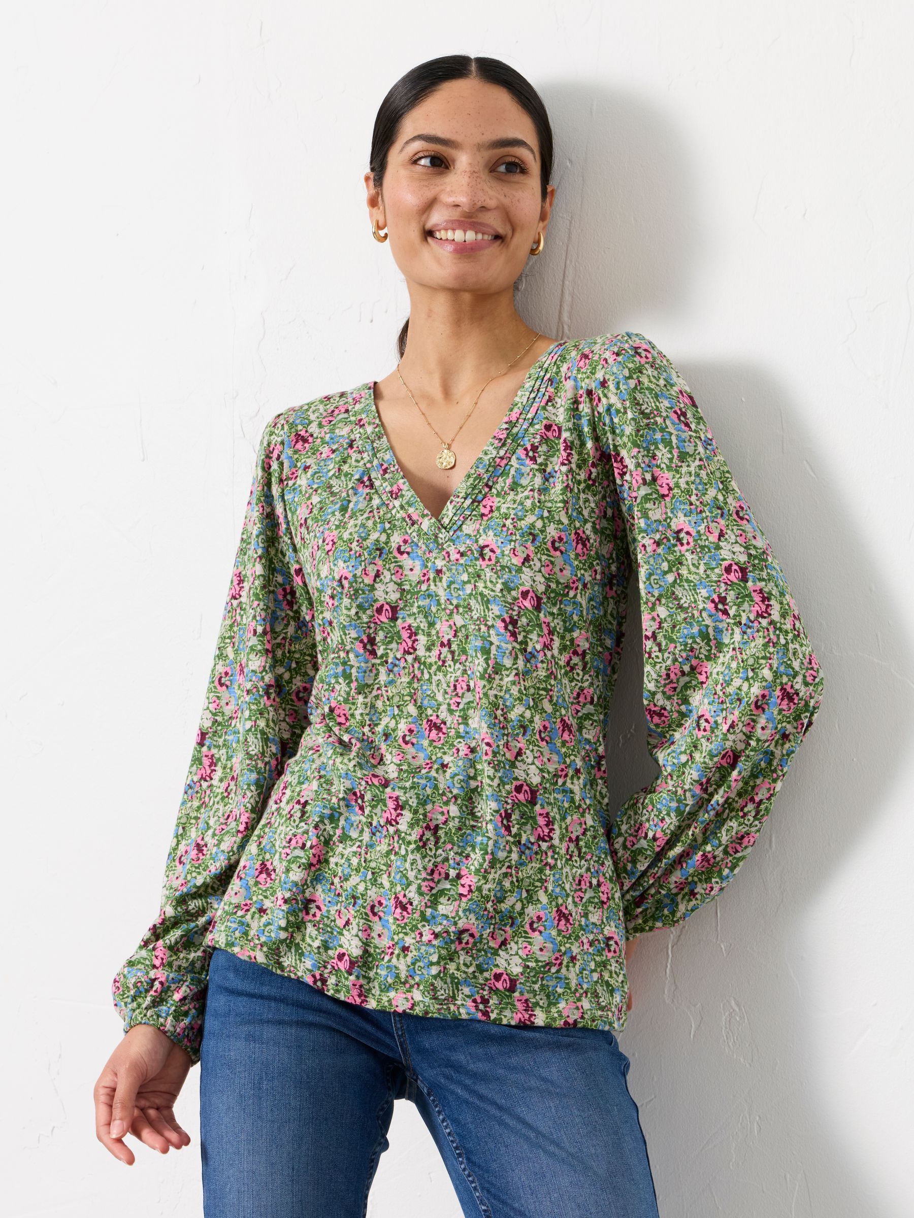 Margot Green Ditsy Garden V Neck Top - Image 1 of 6