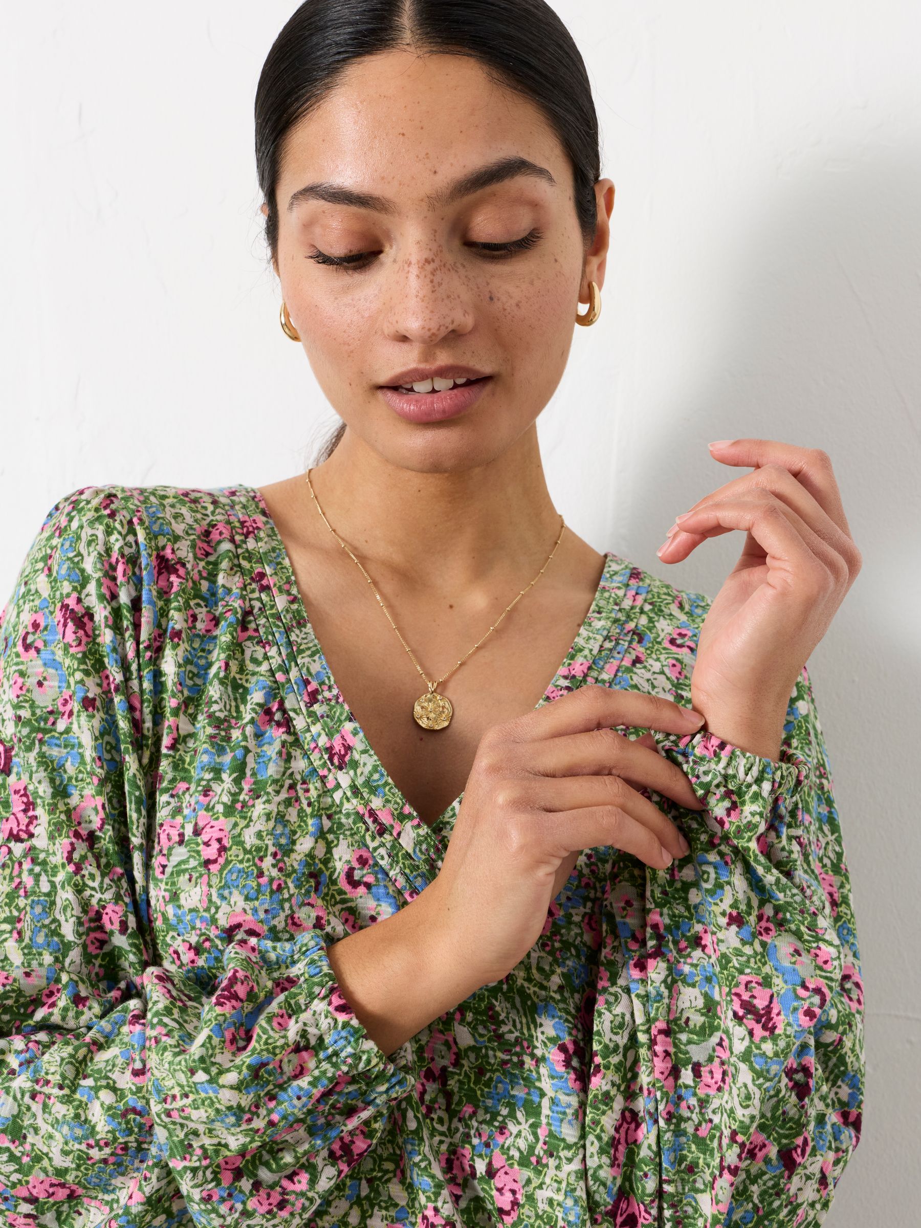 Margot Green Ditsy Garden V Neck Top - Image 3 of 6