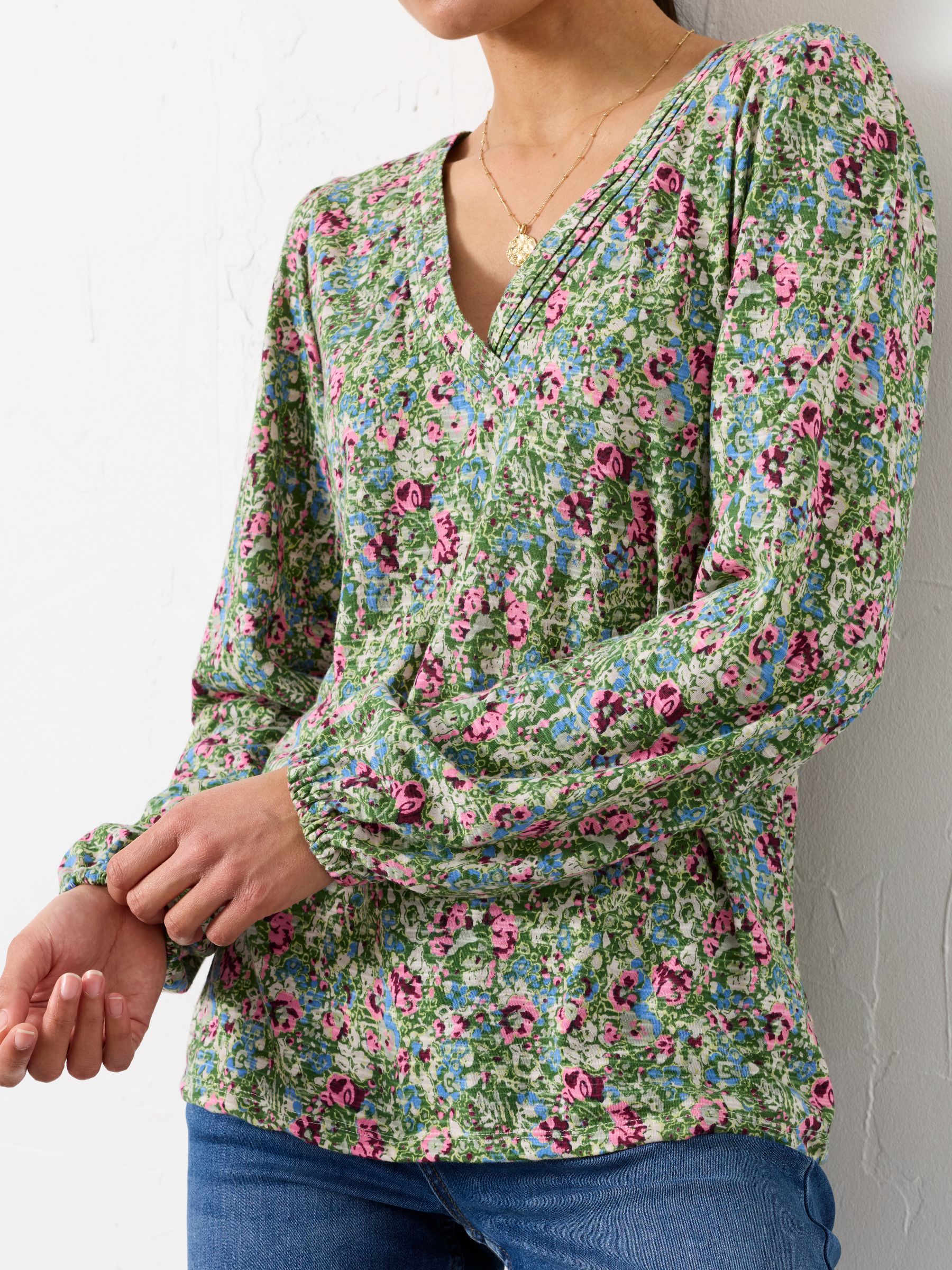 Margot Green Ditsy Garden V Neck Top - Image 4 of 6