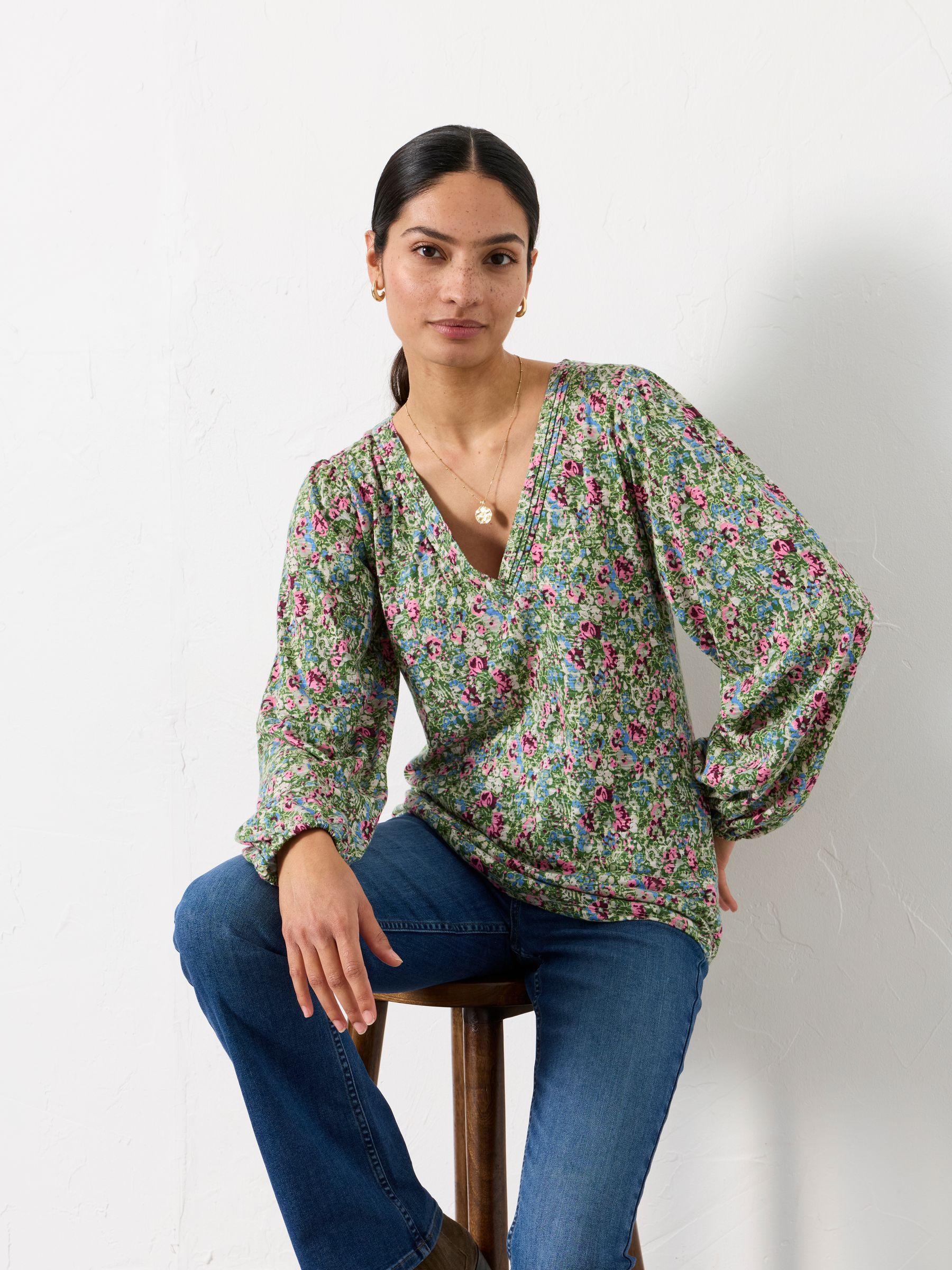 Margot Green Ditsy Garden V Neck Top - Image 5 of 6