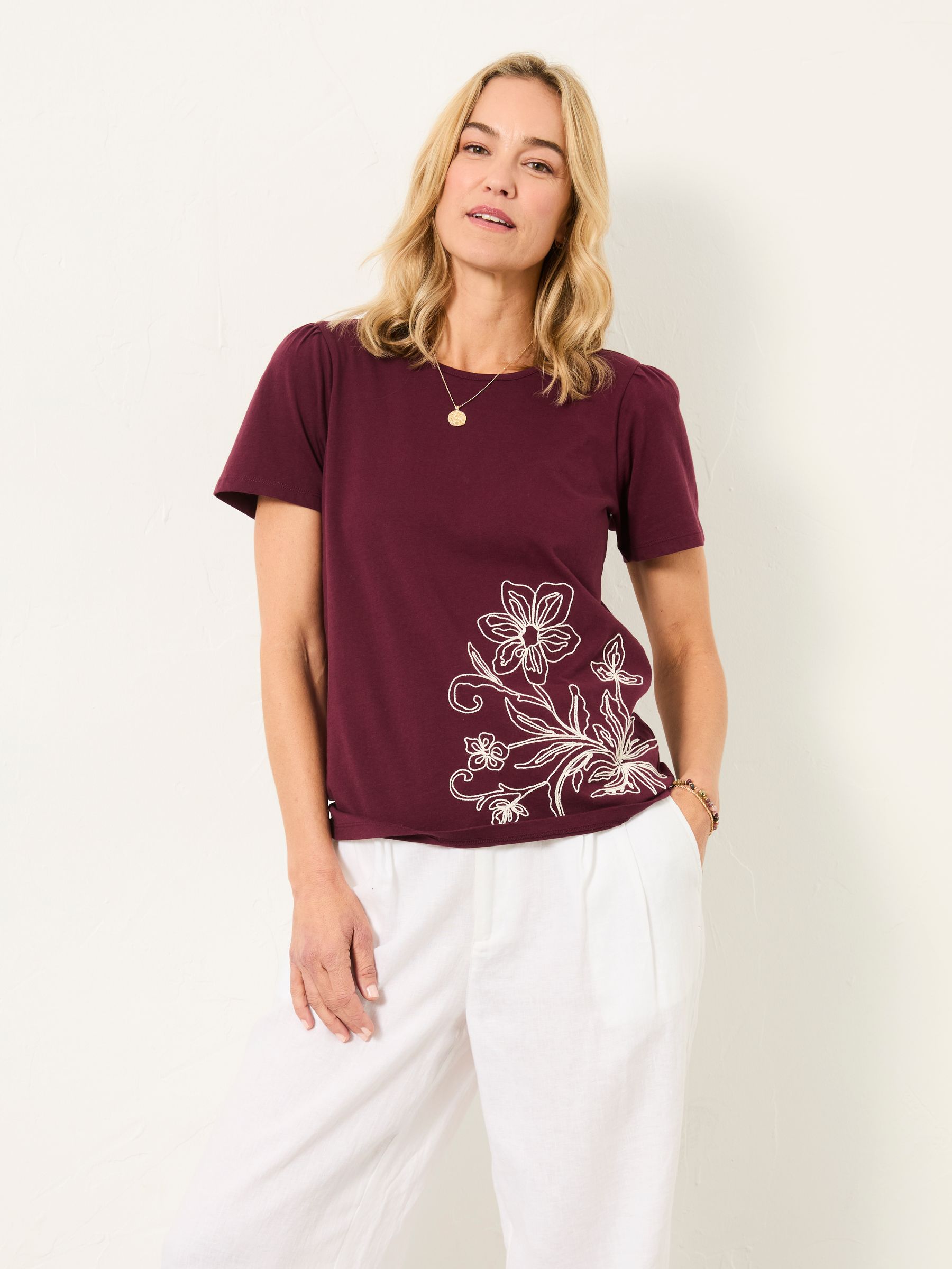 Freya Plum Purple Floral Embroidered T Shirt - Image 1 of 5
