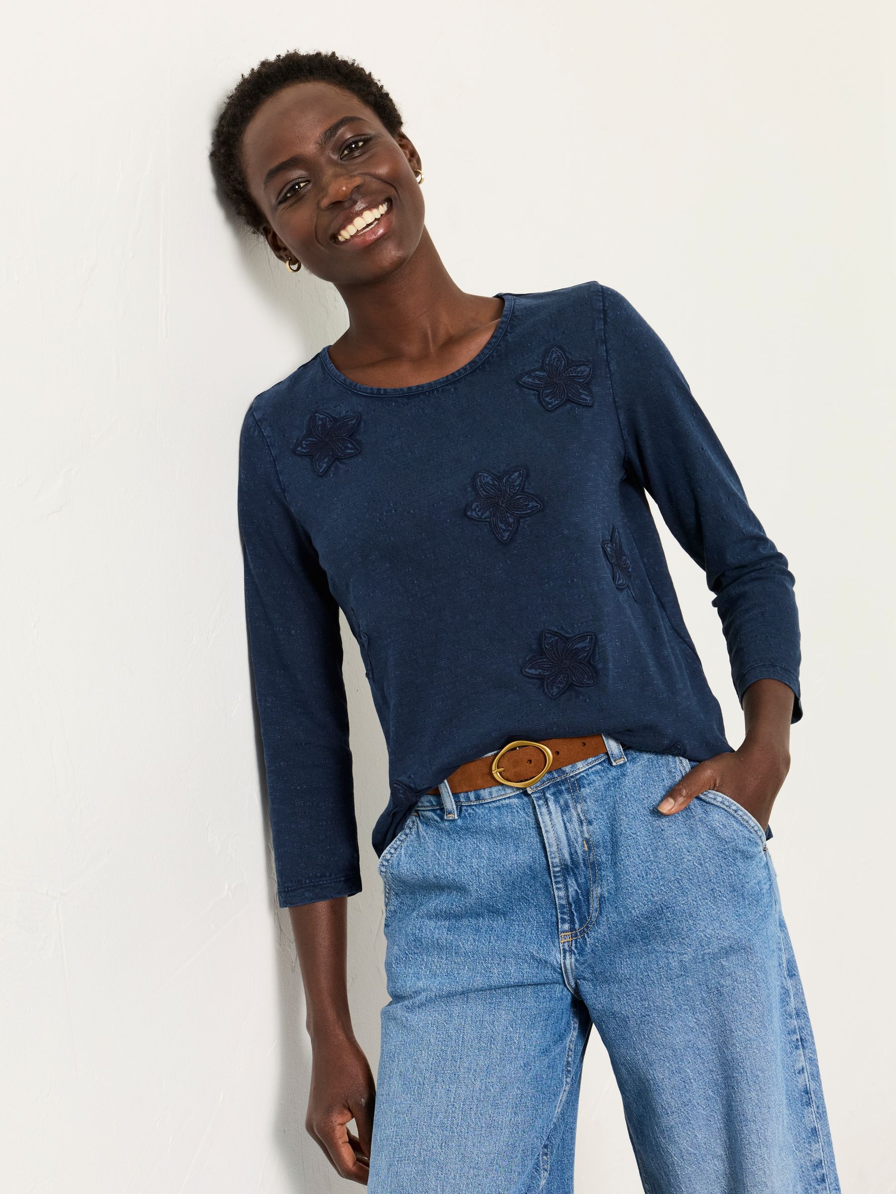 Natalie Denim Flower Applique Top - Image 1 of 6 Natalie Denim Flower Applique Top - Image 1 of 6