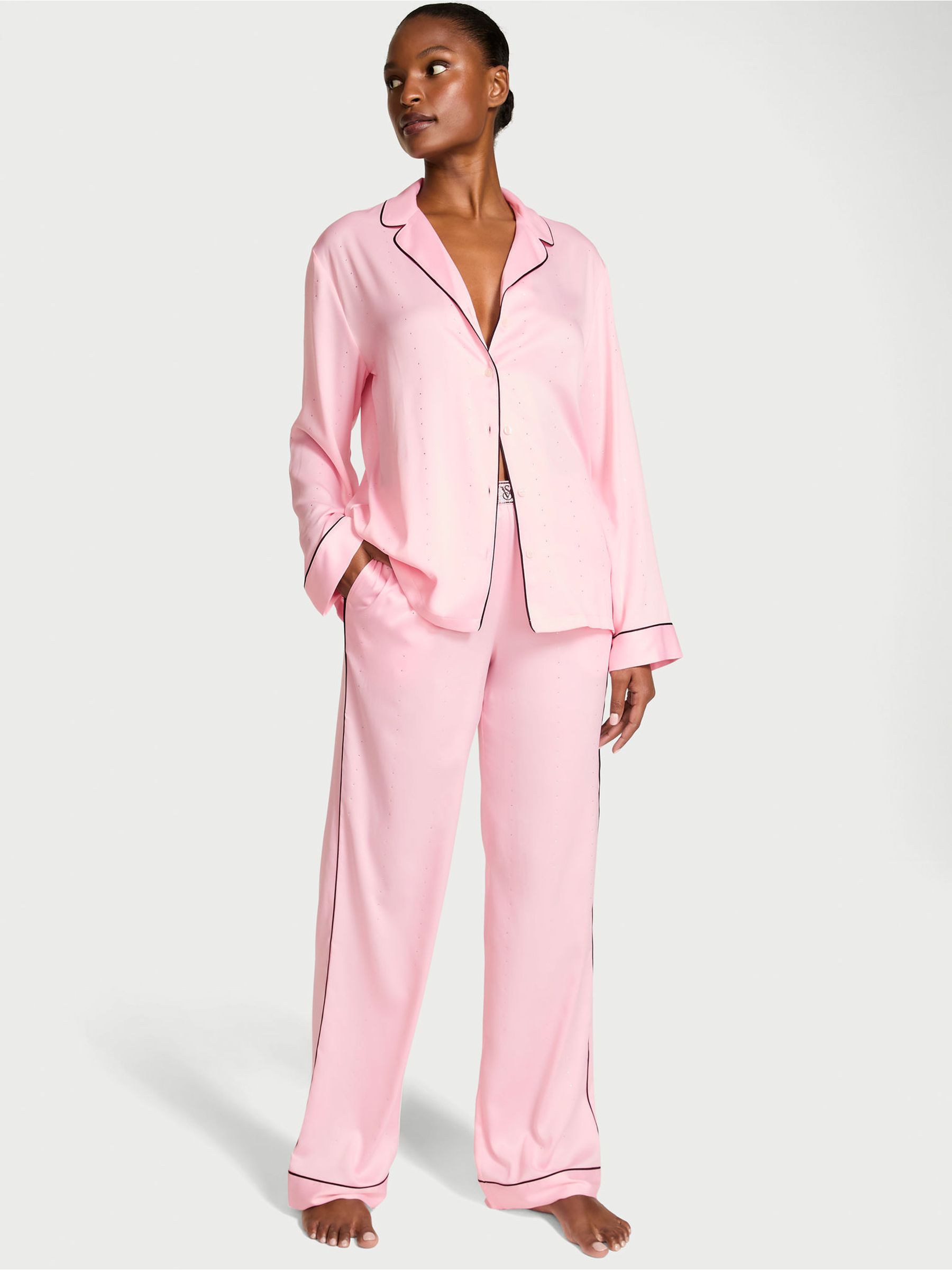 Pretty Blossom Pink Satin Shine Long Pyjamas Set - Image 1 of 2