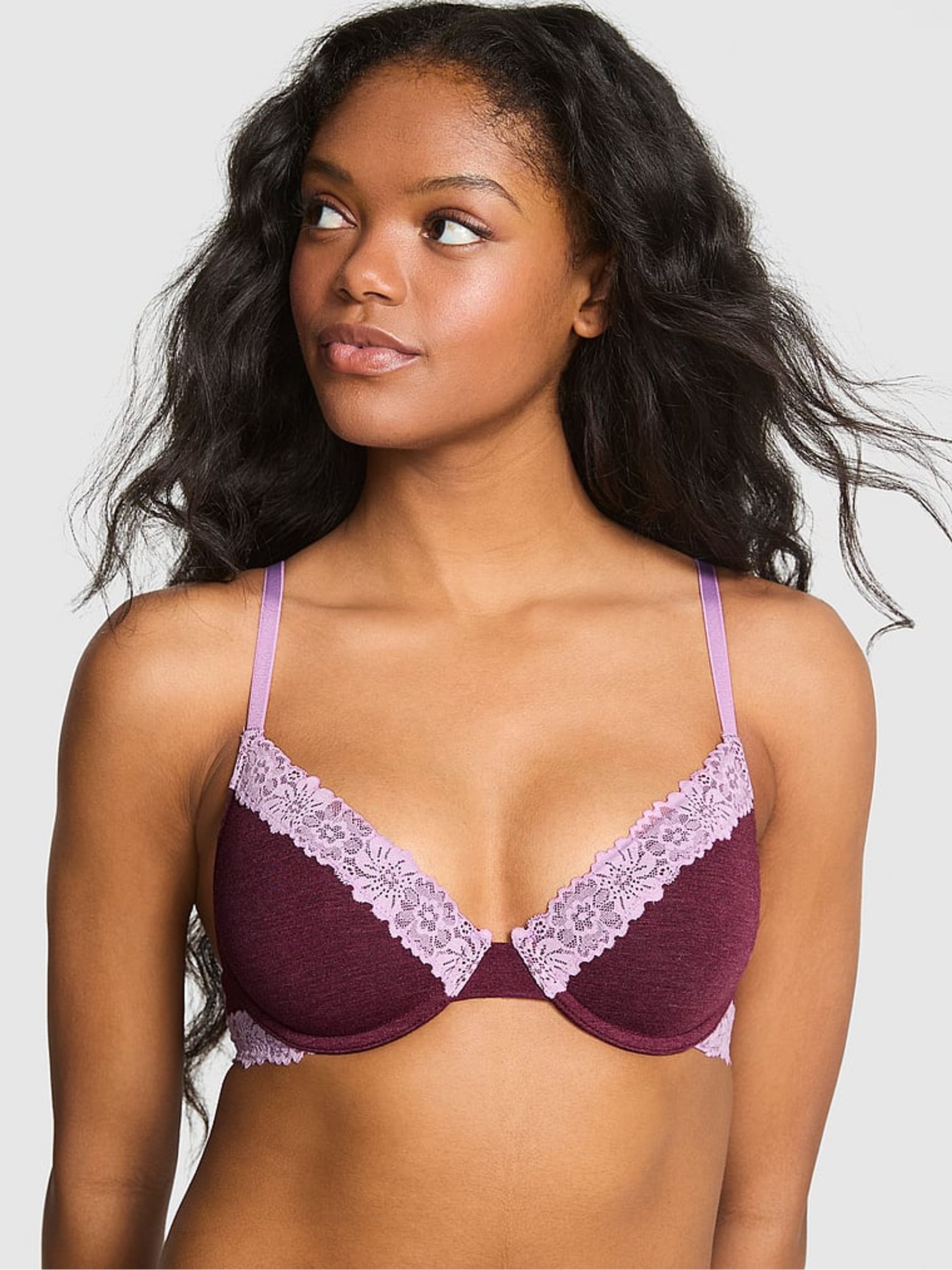 Burgandy Red Lightly Lined Cotton Heather Lace Trim Bra - Image 1 of 2
