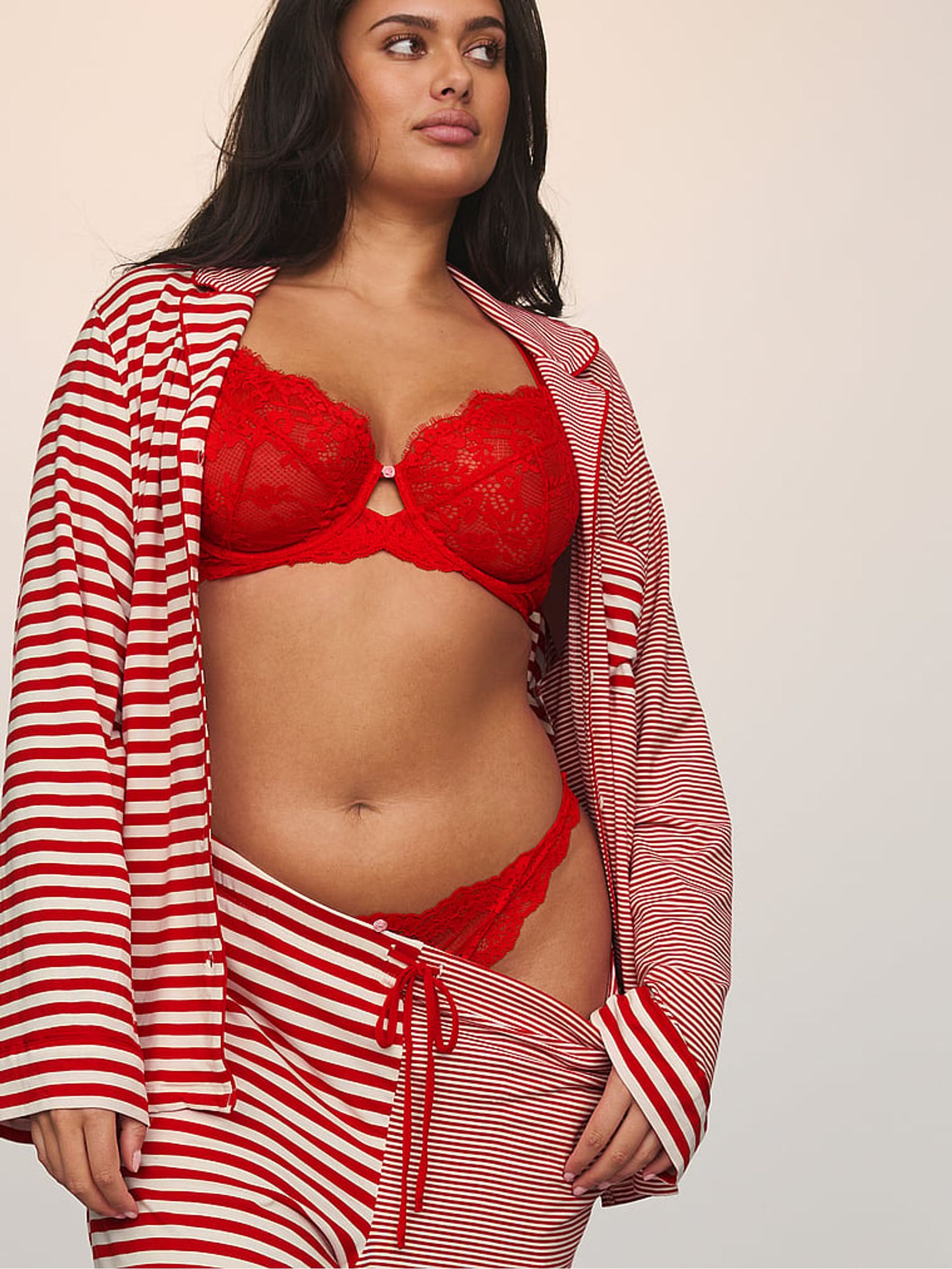Lipstick Red & White Stripe Modal Long Pyjamas Set - Image 3 of 3